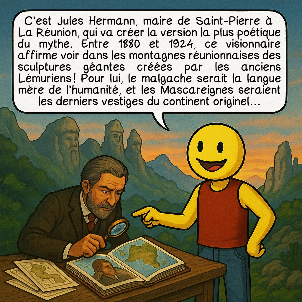 La Lémurie, case 5 : C’est Jules Hermann, maire de Saint-Pierre à La Réunion, qui va créer la version la plus poétique du mythe. Entre 1880 et 1924, ce visionnaire affirme voir dans les montagnes réunionnaises des sculptures géantes créées par les anciens Lémuriens ! Pour lui, le malgache serait la langue mère de l’humanité, et les Mascareignes seraient les derniers vestiges du continent originel…