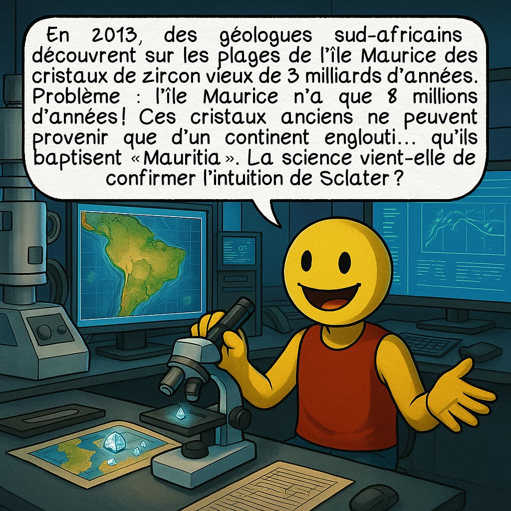 La Lémurie, case 6 : En 2013, des géologues sud-africains découvrent sur les plages de l’île Maurice des cristaux de zircon vieux de 3 milliards d’années. Problème : l’île Maurice n’a que 8 millions d’années ! Ces cristaux anciens ne peuvent provenir que d’un continent englouti… qu’ils baptisent « Mauritia ». La science vient-elle de confirmer l’intuition de Sclater ?