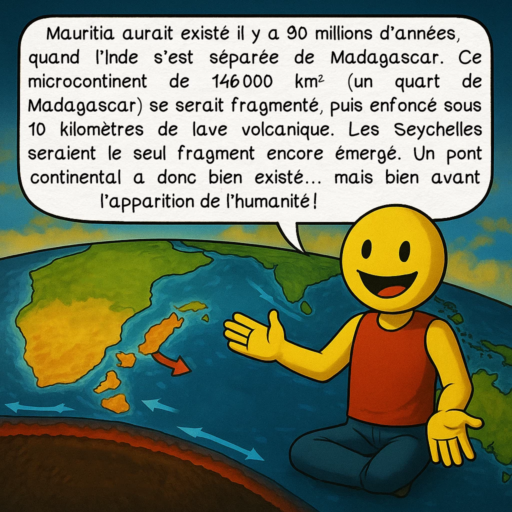La Lémurie, case 7 : Mauritia aurait existé il y a 90 millions d’années, quand l’Inde s’est séparée de Madagascar. Ce microcontinent de 146 000 km² (un quart de Madagascar) se serait fragmenté, puis enfoncé sous 10 kilomètres de lave volcanique. Les Seychelles seraient le seul fragment encore émergé. Un pont continental a donc bien existé… mais bien avant l’apparition de l’humanité !