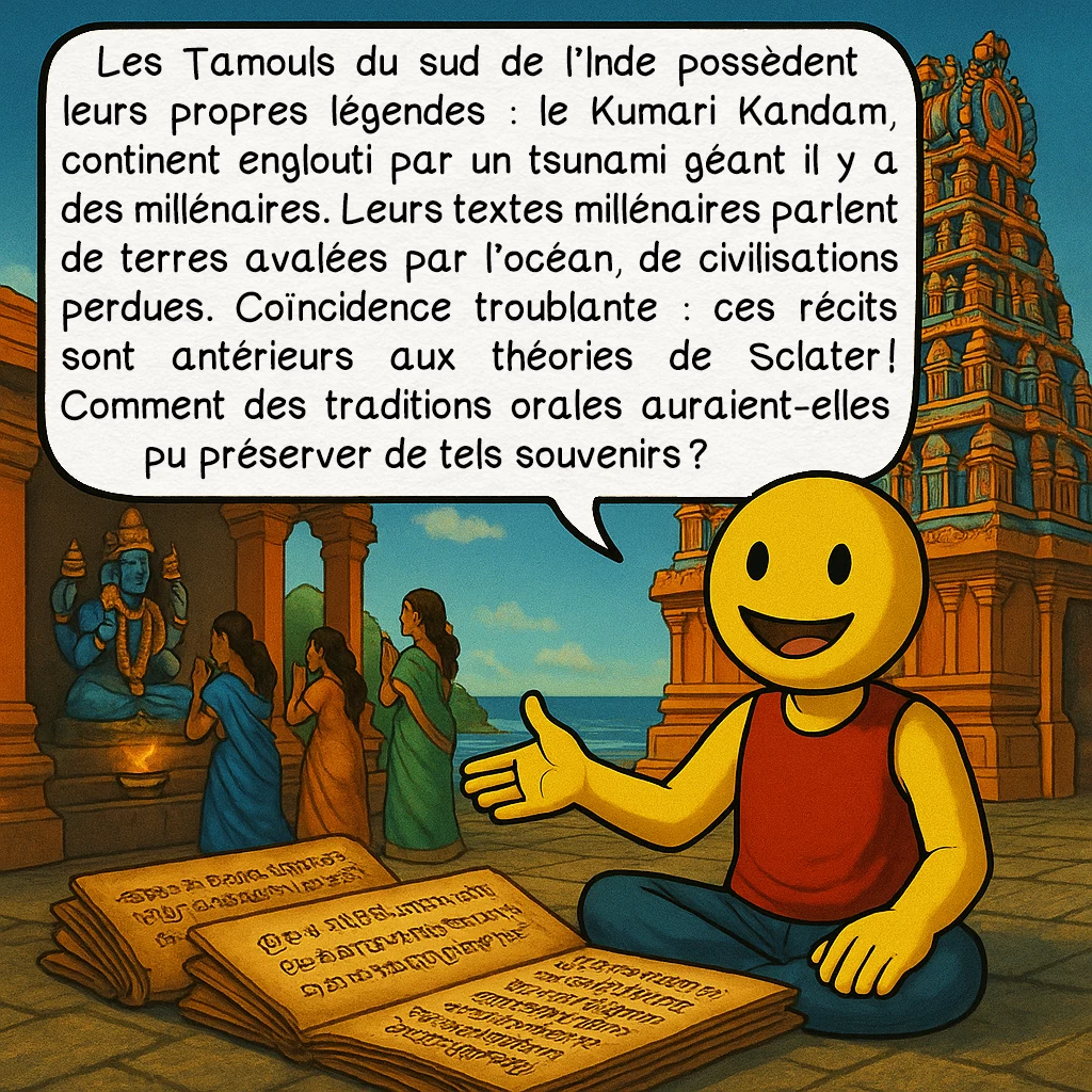 La Lémurie, case 8 : Les Tamouls du sud de l’Inde possèdent leurs propres légendes : le Kumari Kandam, continent englouti par un tsunami géant il y a des millénaires. Leurs textes millénaires parlent de terres avalées par l’océan, de civilisations perdues. Coïncidence troublante : ces récits sont antérieurs aux théories de Sclater ! Comment des traditions orales auraient-elles pu préserver de tels souvenirs ?