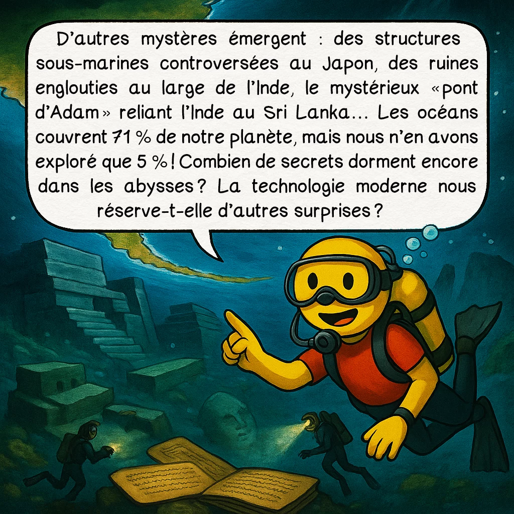La Lémurie, case 9 : D’autres mystères émergent : des structures sous-marines controversées au Japon, des ruines englouties au large de l’Inde, le mystérieux « pont d’Adam » reliant l’Inde au Sri Lanka… Les océans couvrent 71 % de notre planète, mais nous n’en avons exploré que 5 % ! Combien de secrets dorment encore dans les abysses ? La technologie moderne nous réserve-t-elle d’autres surprises ?