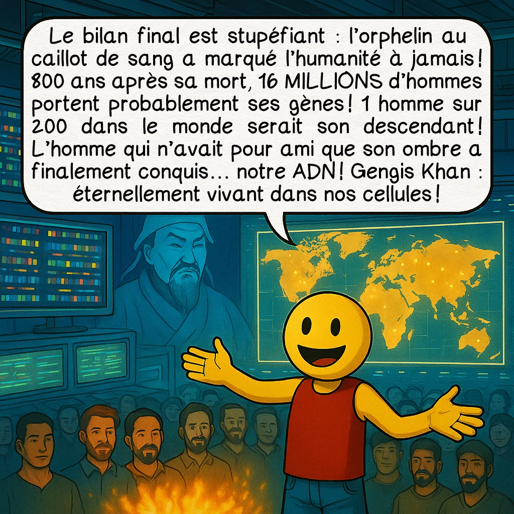 Gengis Khan, case 10 : Le bilan final est stupéfiant : l’orphelin au caillot de sang a marqué l’humanité à jamais ! 800 ans après sa mort, 16 MILLIONS d’hommes portent probablement ses gènes ! 1 homme sur 200 dans le monde serait son descendant ! L’homme qui n’avait pour ami que son ombre a finalement conquis… notre ADN ! Gengis Khan : éternellement vivant dans nos cellules !