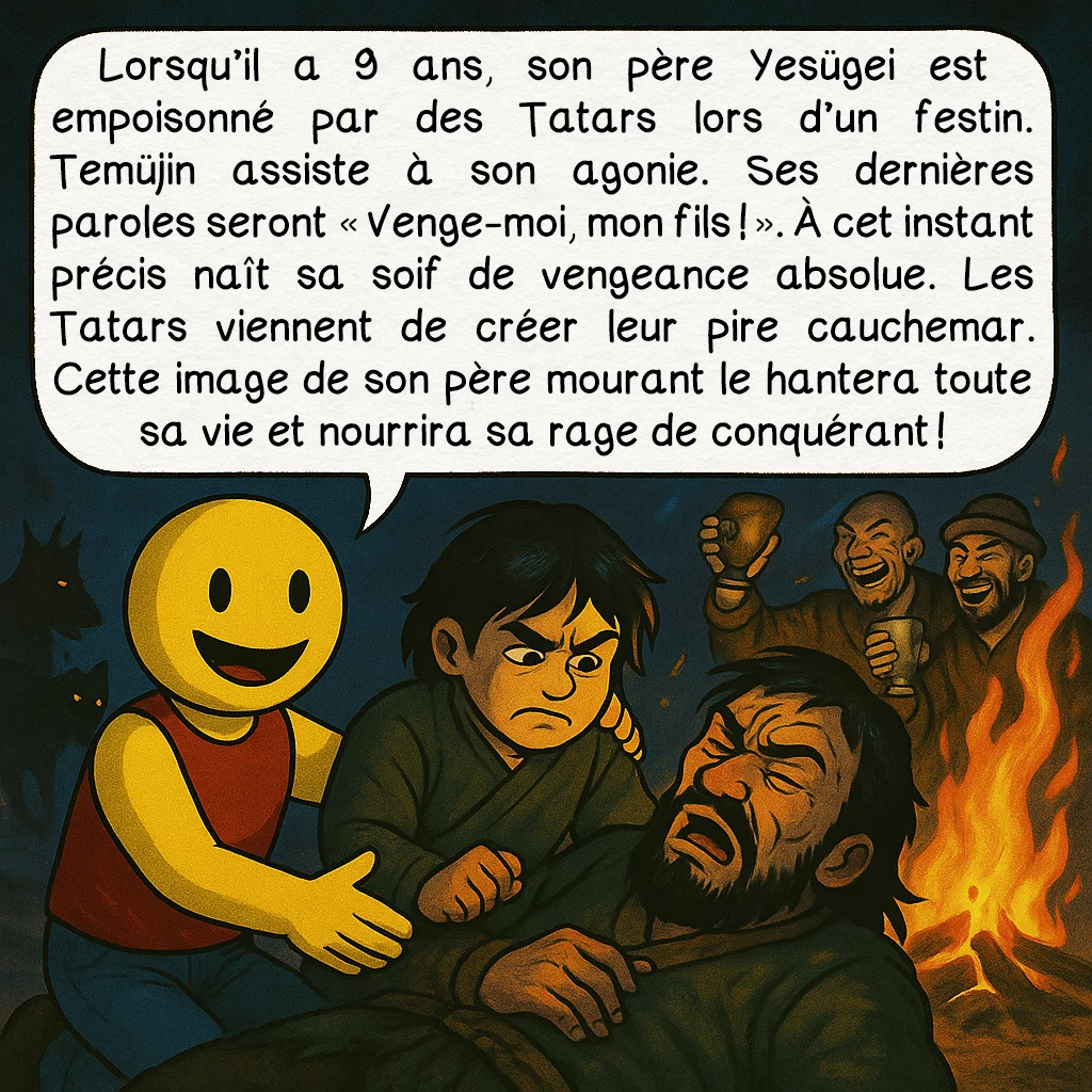 Gengis Khan, case 2 : Lorsqu’il a 9 ans, son père Yesügei est empoisonné par des Tatars lors d’un festin. Temüjin assiste à son agonie. Ses dernières paroles seront « Venge-moi, mon fils ! ». À cet instant précis naît sa soif de vengeance absolue. Les Tatars viennent de créer leur pire cauchemar. Cette image de son père mourant le hantera toute sa vie et nourrira sa rage de conquérant !