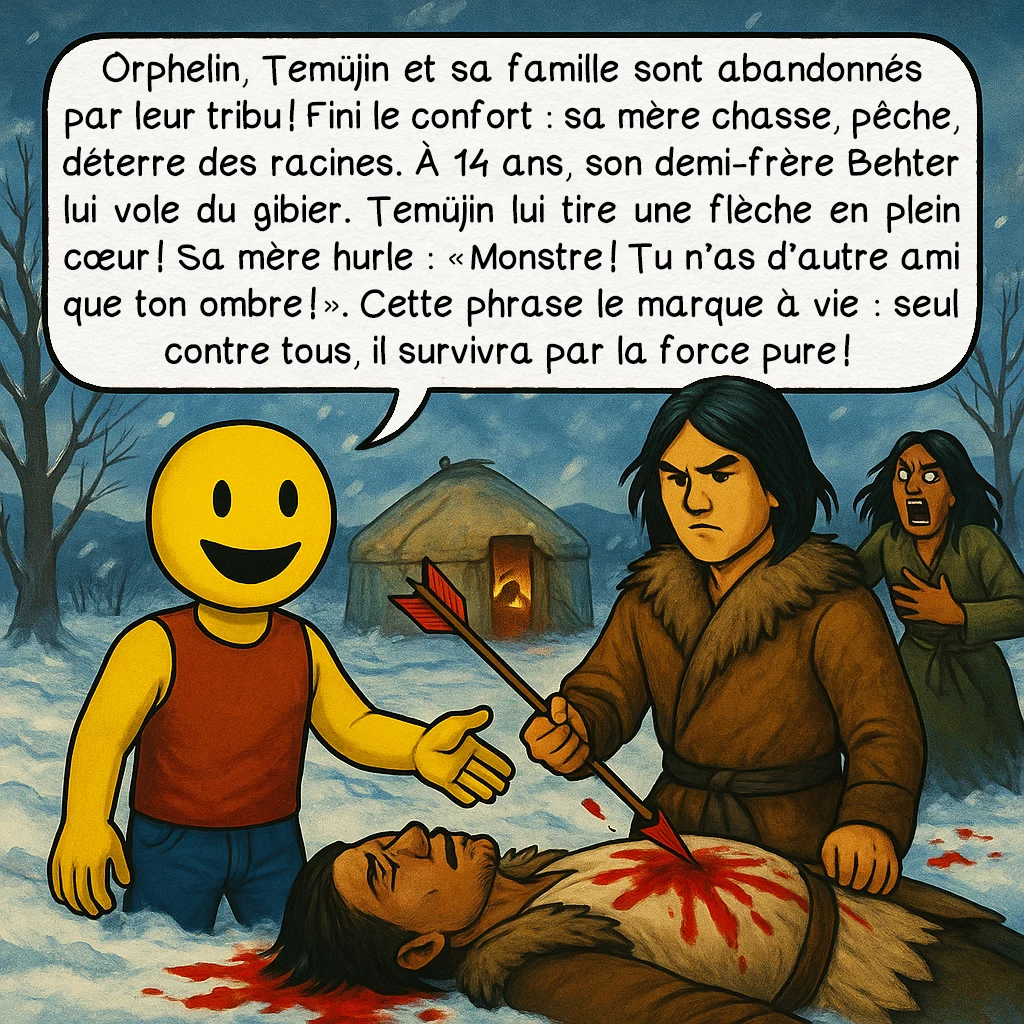 Gengis Khan, case 3 : Orphelin, Temüjin et sa famille sont abandonnés par leur tribu ! Fini le confort : sa mère chasse, pêche, déterre des racines. À 14 ans, son demi-frère Behter lui vole du gibier. Temüjin lui tire une flèche en plein cœur ! Sa mère hurle : « Monstre ! Tu n’as d’autre ami que ton ombre ! ». Cette phrase le marque à vie : seul contre tous, il survivra par la force pure !