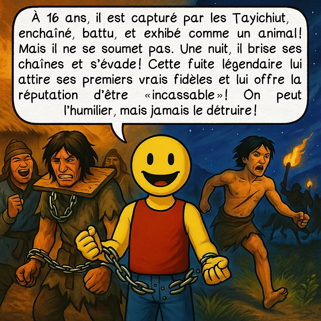 Gengis Khan, case 4 : À 16 ans, il est capturé par les Tayichiut, enchaîné, battu, et exhibé comme un animal ! Mais il ne se soumet pas. Une nuit, il brise ses chaînes et s’évade ! Cette fuite légendaire lui attire ses premiers vrais fidèles et lui offre la réputation d’être « incassable » ! On peut l’humilier, mais jamais le détruire !