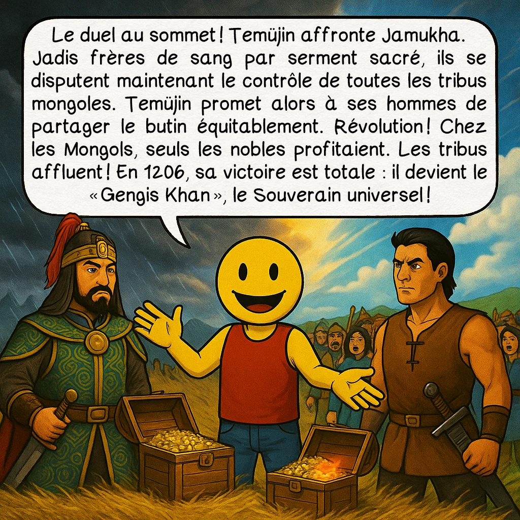 Gengis Khan, case 5 : Le duel au sommet ! Temüjin affronte Jamukha. Jadis frères de sang par serment sacré, ils se disputent maintenant le contrôle de toutes les tribus mongoles. Temüjin promet alors à ses hommes de partager le butin équitablement. Révolution ! Chez les Mongols, seuls les nobles profitaient. Les tribus affluent ! En 1206, sa victoire est totale : il devient le « Gengis Khan », le Souverain universel !