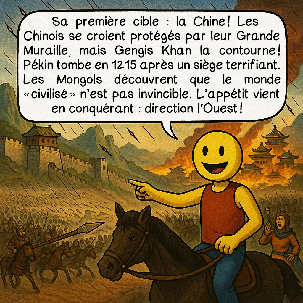 Gengis Khan, case 6 : Sa première cible : la Chine ! Les Chinois se croient protégés par leur Grande Muraille, mais Gengis Khan la contourne ! Pékin tombe en 1215 après un siège terrifiant. Les Mongols découvrent que le monde « civilisé » n’est pas invincible. L’appétit vient en conquérant : direction l’Ouest !