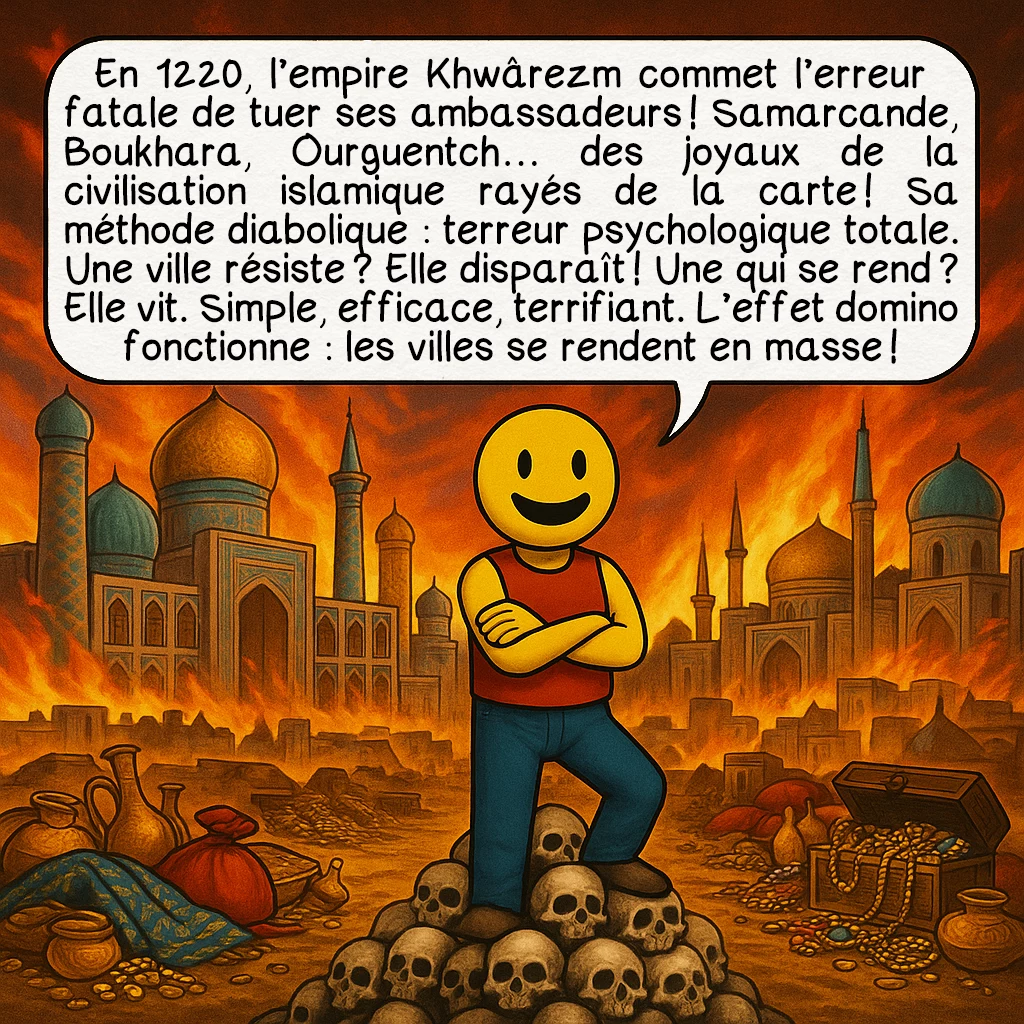 Gengis Khan, case 7 : En 1220, l’empire Khwârezm commet l’erreur fatale de tuer ses ambassadeurs ! Samarcande, Boukhara, Ourguentch… des joyaux de la civilisation islamique rayés de la carte ! Sa méthode diabolique : terreur psychologique totale. Une ville résiste ? Elle disparaît ! Une qui se rend ? Elle vit. Simple, efficace, terrifiant. L’effet domino fonctionne : les villes se rendent en masse !