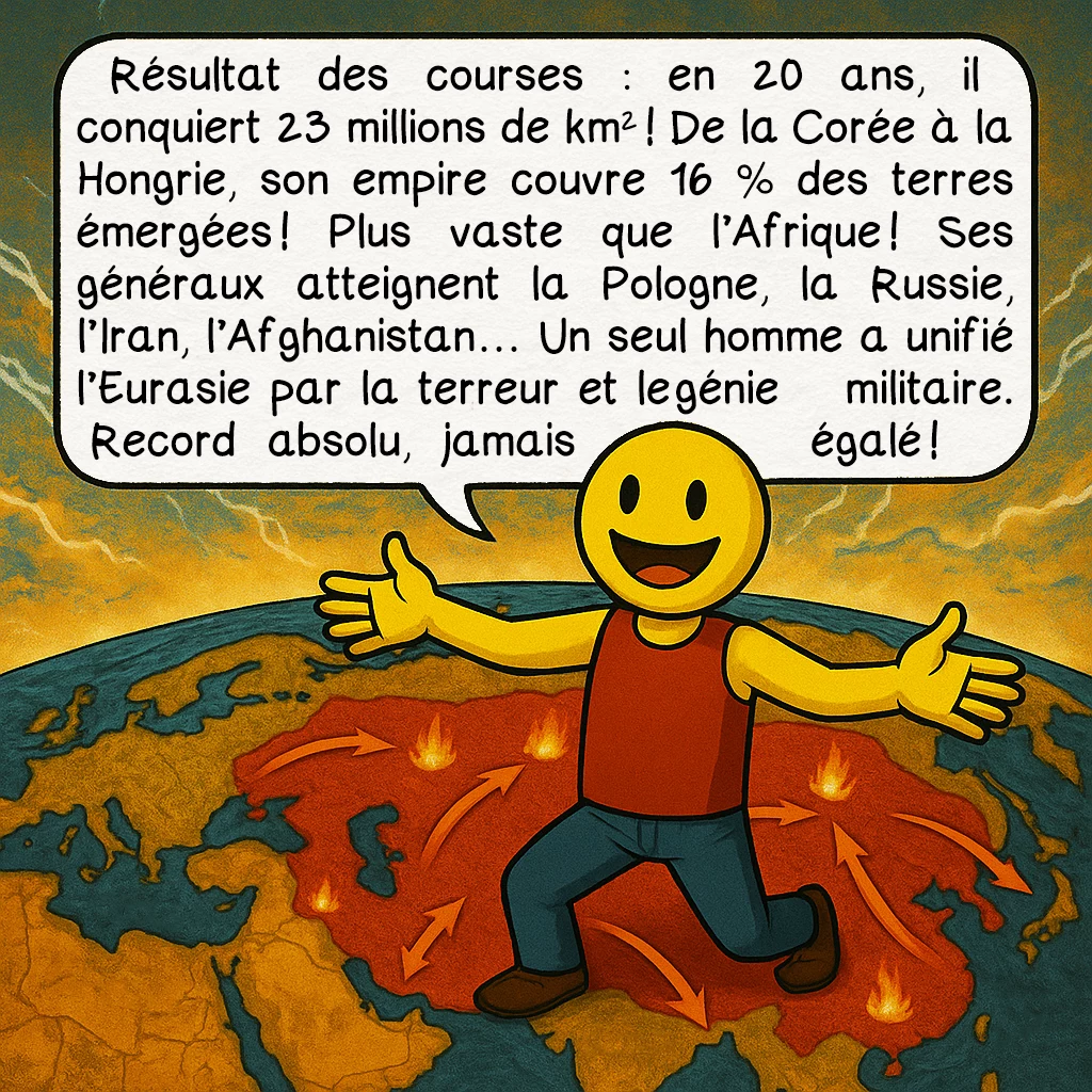 Gengis Khan, case 8 : Résultat des courses : en 20 ans, il conquiert 23 millions de km² ! De la Corée à la Hongrie, son empire couvre 16 % des terres émergées ! Plus vaste que l’Afrique ! Ses généraux atteignent la Pologne, la Russie, l’Iran, l’Afghanistan… Un seul homme a unifié l’Eurasie par la terreur et le génie militaire. Record absolu, jamais égalé !