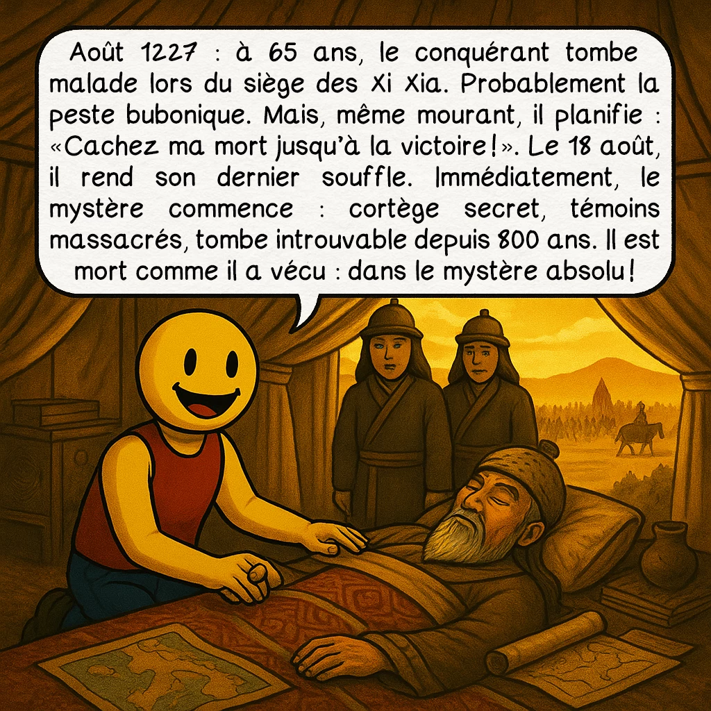 Gengis Khan, case 9 : Août 1227 : à 65 ans, le conquérant tombe malade lors du siège des Xi Xia. Probablement la peste bubonique. Mais, même mourant, il planifie : « Cachez ma mort jusqu’à la victoire ! ». Le 18 août, il rend son dernier souffle. Immédiatement, le mystère commence : cortège secret, témoins massacrés, tombe introuvable depuis 800 ans. Il est mort comme il a vécu : dans le mystère absolu !