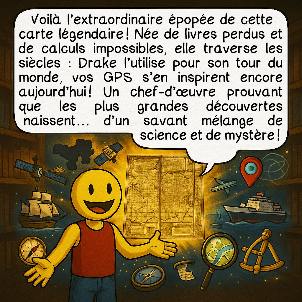 La carte du monde de 1569 de Mercator, case 10 : Voilà l’extraordinaire épopée de cette carte légendaire ! Née de livres perdus et de calculs impossibles, elle traverse les siècles : Drake l’utilise pour son tour du monde, vos GPS s’en inspirent encore aujourd’hui ! Un chef-d’œuvre prouvant que les plus grandes découvertes naissent… d’un savant mélange de science et de mystère !