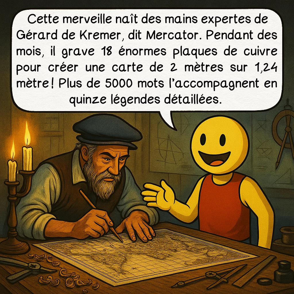 La carte du monde de 1569 de Mercator, case 2 : Cette merveille naît des mains expertes de Gérard de Kremer, dit Mercator. Pendant des mois, il grave 18 énormes plaques de cuivre pour créer une carte de 2 mètres sur 1,24 mètre ! Plus de 5000 mots l’accompagnent en quinze légendes détaillées.