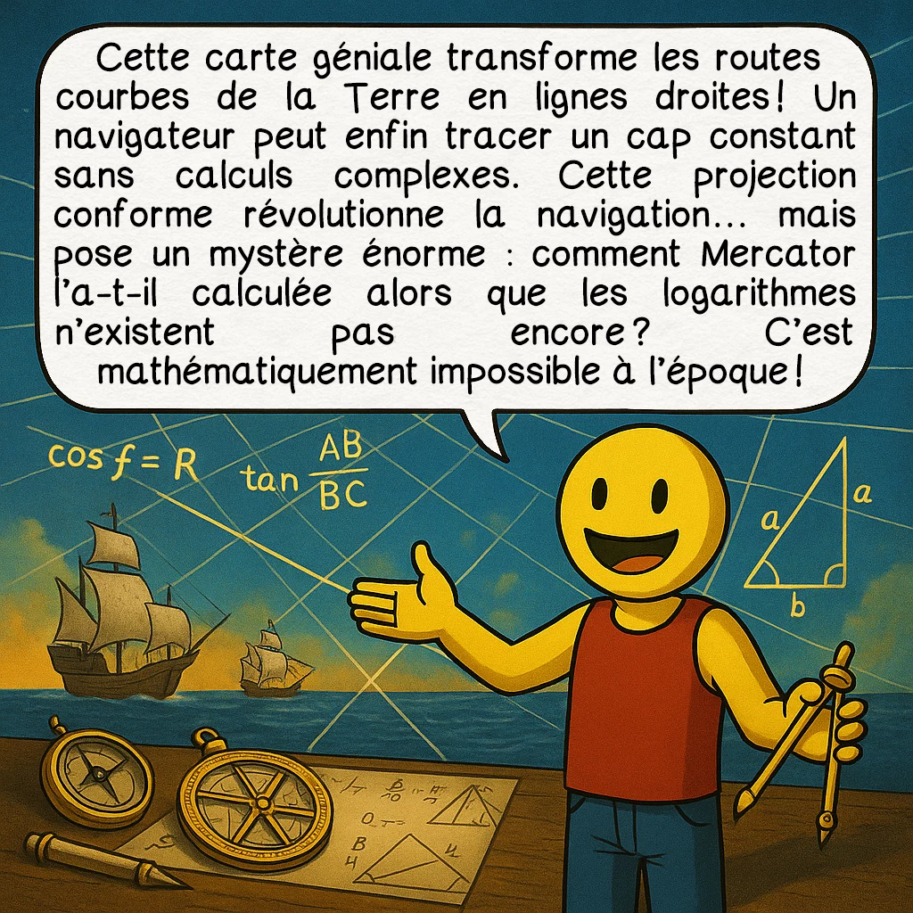 La carte du monde de 1569 de Mercator, case 3 : Cette carte géniale transforme les routes courbes de la Terre en lignes droites ! Un navigateur peut enfin tracer un cap constant sans calculs complexes. Cette projection conforme révolutionne la navigation… mais pose un mystère énorme : comment Mercator l’a-t-il calculée alors que les logarithmes n’existent pas encore ? C’est mathématiquement impossible à l’époque !