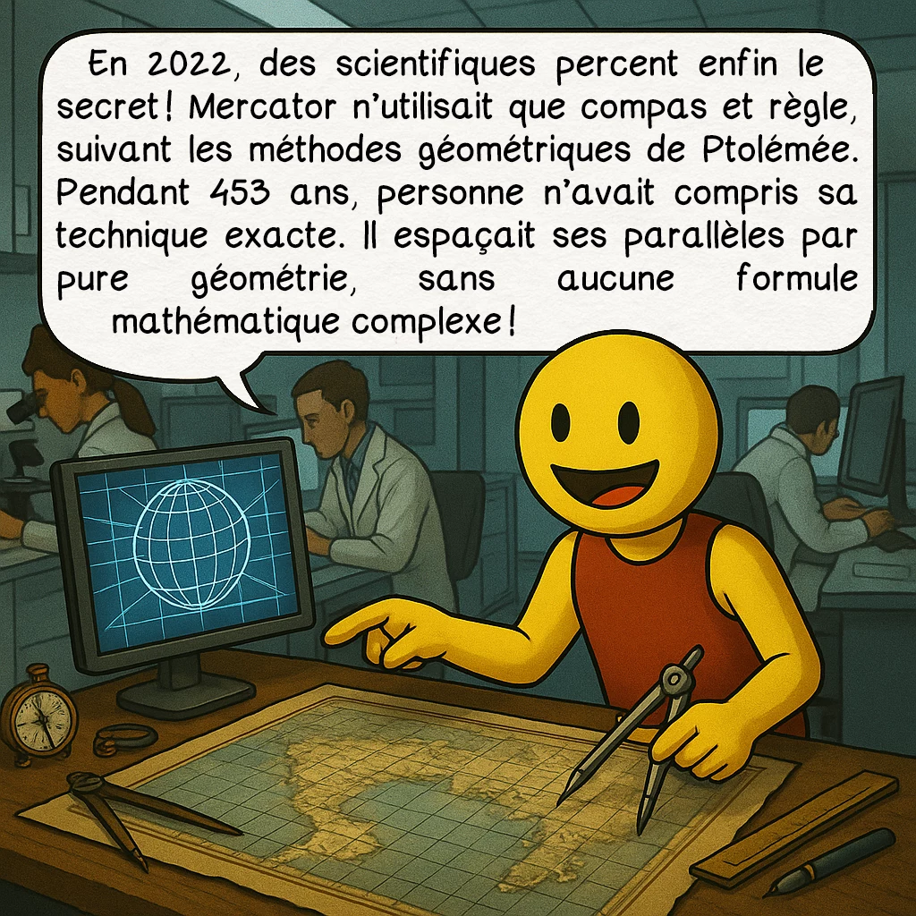 La carte du monde de 1569 de Mercator, case 4 : En 2022, des scientifiques percent enfin le secret ! Mercator n’utilisait que compas et règle, suivant les méthodes géométriques de Ptolémée. Pendant 453 ans, personne n’avait compris sa technique exacte. Il espaçait ses parallèles par pure géométrie, sans aucune formule mathématique complexe !