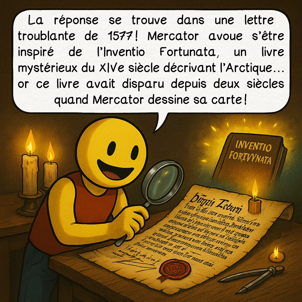 La carte du monde de 1569 de Mercator, case 6 : La réponse se trouve dans une lettre troublante de 1577 ! Mercator avoue s’être inspiré de l’Inventio Fortunata, un livre mystérieux du XIVe siècle décrivant l’Arctique… or ce livre avait disparu depuis deux siècles quand Mercator dessine sa carte !