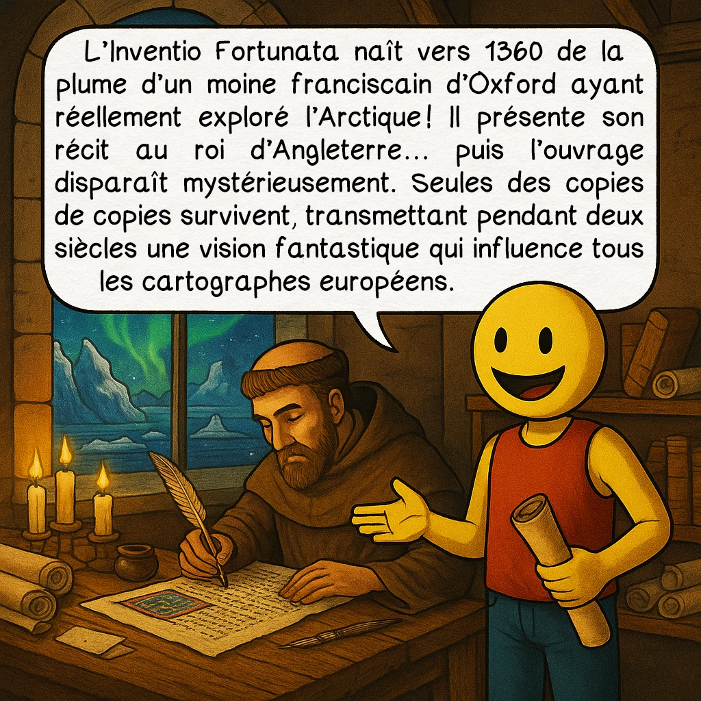 La carte du monde de 1569 de Mercator, case 7 : L’Inventio Fortunata naît vers 1360 de la plume d’un moine franciscain d’Oxford ayant réellement exploré l’Arctique ! Il présente son récit au roi d’Angleterre… puis l’ouvrage disparaît mystérieusement. Seules des copies de copies survivent, transmettant pendant deux siècles une vision fantastique qui influence tous les cartographes européens.
