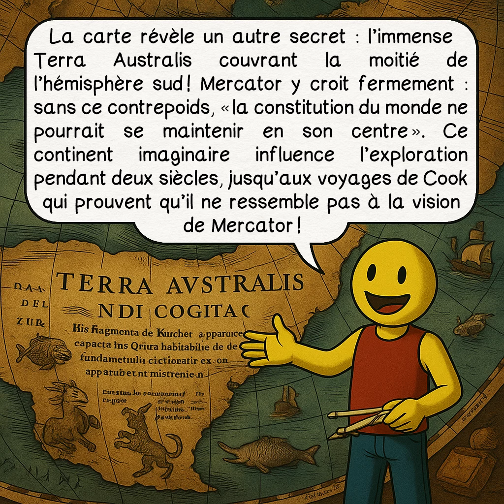 La carte du monde de 1569 de Mercator, case 8 : La carte révèle un autre secret : l’immense Terra Australis couvrant la moitié de l’hémisphère sud ! Mercator y croit fermement : sans ce contrepoids, « la constitution du monde ne pourrait se maintenir en son centre ». Ce continent imaginaire influence l’exploration pendant deux siècles, jusqu’aux voyages de Cook qui prouvent qu’il ne ressemble pas à la vision de Mercator !