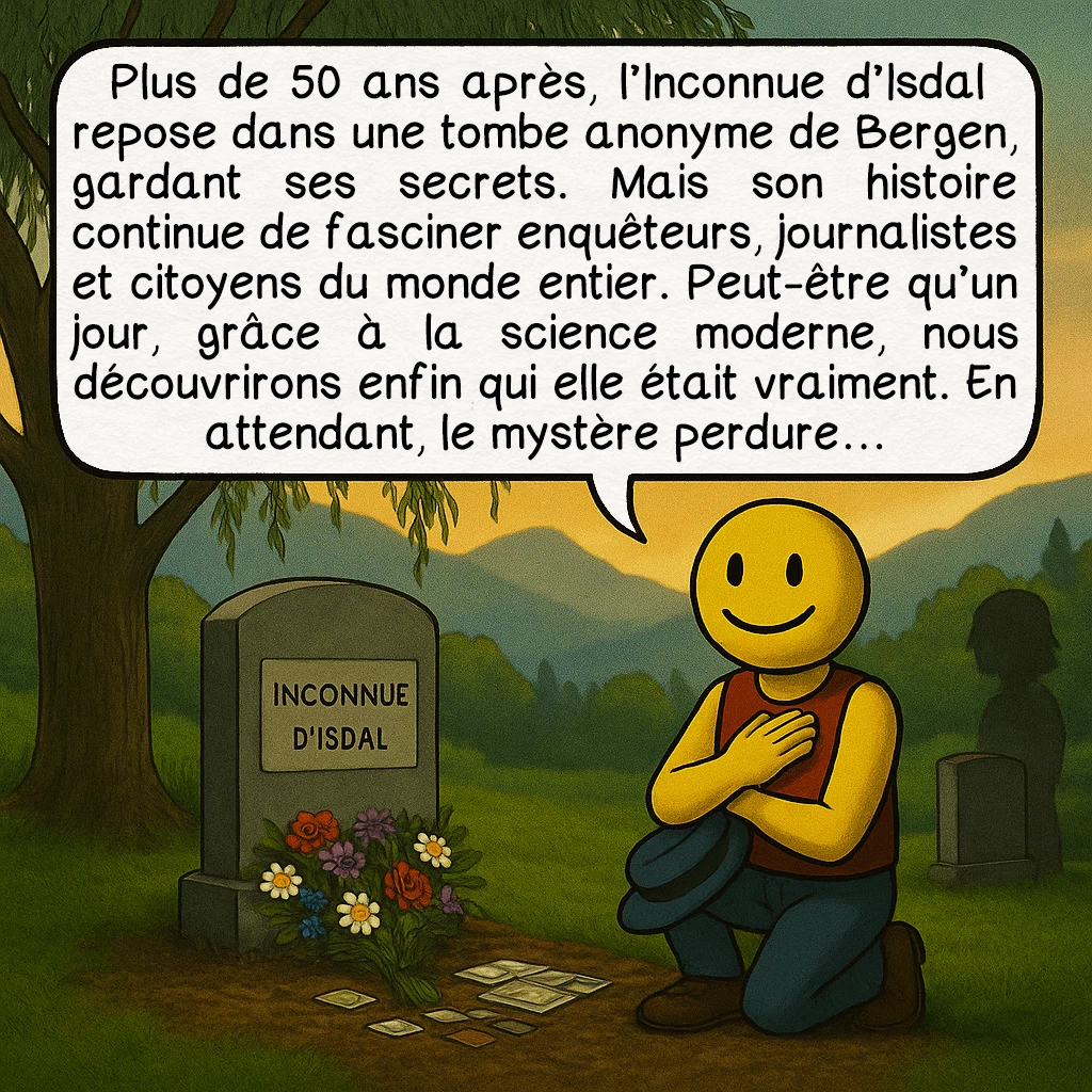 L’inconnue d'Isdal, case 10 : Plus de 50 ans après, l’Inconnue d’Isdal repose dans une tombe anonyme de Bergen, gardant ses secrets. Mais son histoire continue de fasciner enquêteurs, journalistes et citoyens du monde entier. Peut-être qu’un jour, grâce à la science moderne, nous découvrirons enfin qui elle était vraiment. En attendant, le mystère perdure…