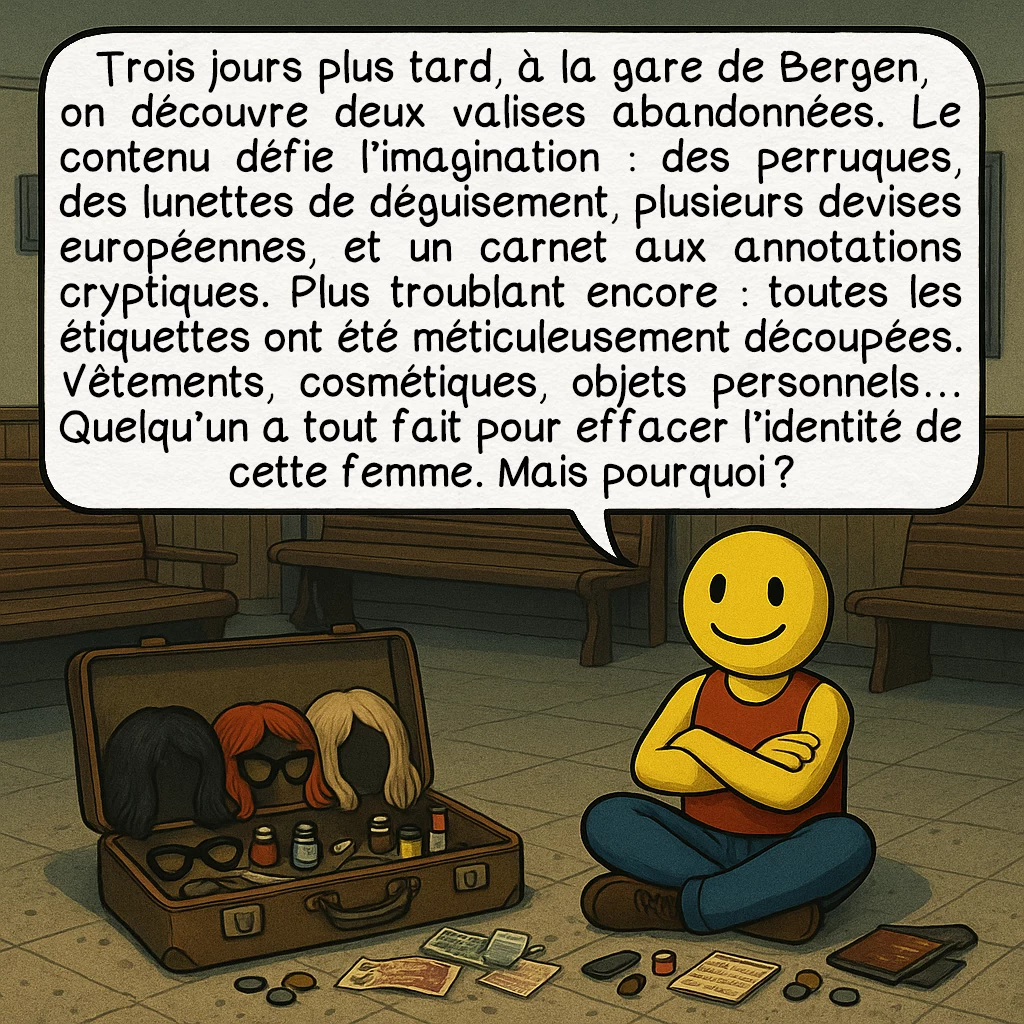 L’inconnue d'Isdal, case 3 : Trois jours plus tard, à la gare de Bergen, on découvre deux valises abandonnées. Le contenu défie l’imagination : des perruques, des lunettes de déguisement, plusieurs devises européennes, et un carnet aux annotations cryptiques. Plus troublant encore : toutes les étiquettes ont été méticuleusement découpées. Vêtements, cosmétiques, objets personnels… Quelqu’un a tout fait pour effacer l’identité de cette femme. Mais pourquoi ?