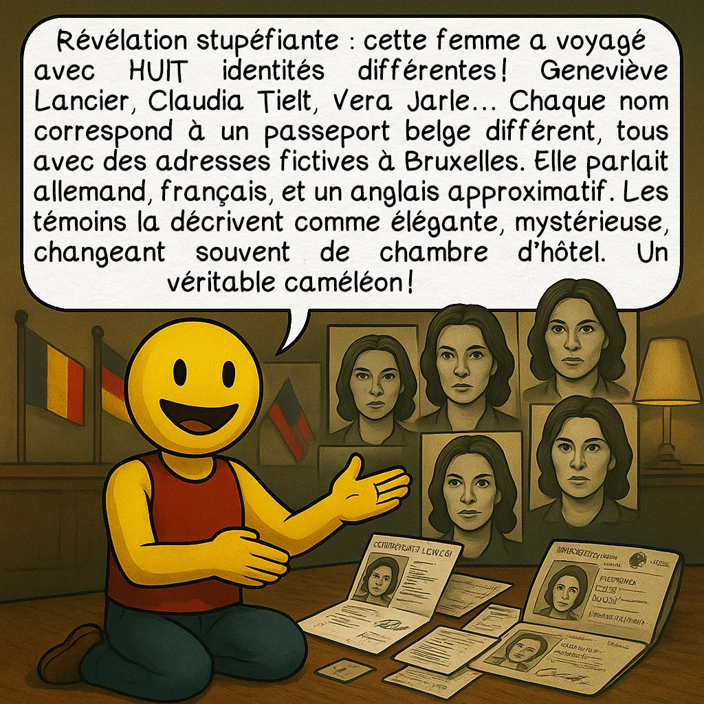 L’inconnue d'Isdal, case 4 : Révélation stupéfiante : cette femme a voyagé avec HUIT identités différentes ! Geneviève Lancier, Claudia Tielt, Vera Jarle… Chaque nom correspond à un passeport belge différent, tous avec des adresses fictives à Bruxelles. Elle parlait allemand, français, et un anglais approximatif. Les témoins la décrivent comme élégante, mystérieuse, changeant souvent de chambre d’hôtel. Un véritable caméléon !