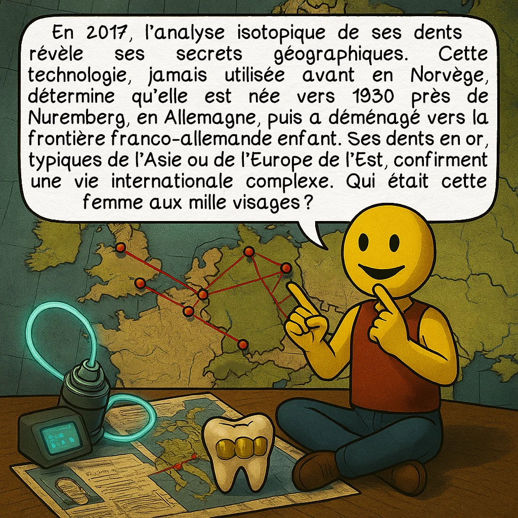 L’inconnue d'Isdal, case 5 : En 2017, l’analyse isotopique de ses dents révèle ses secrets géographiques. Cette technologie, jamais utilisée avant en Norvège, détermine qu’elle est née vers 1930 près de Nuremberg, en Allemagne, puis a déménagé vers la frontière franco-allemande enfant. Ses dents en or, typiques de l’Asie ou de l’Europe de l’Est, confirment une vie internationale complexe. Qui était cette femme aux mille visages ?