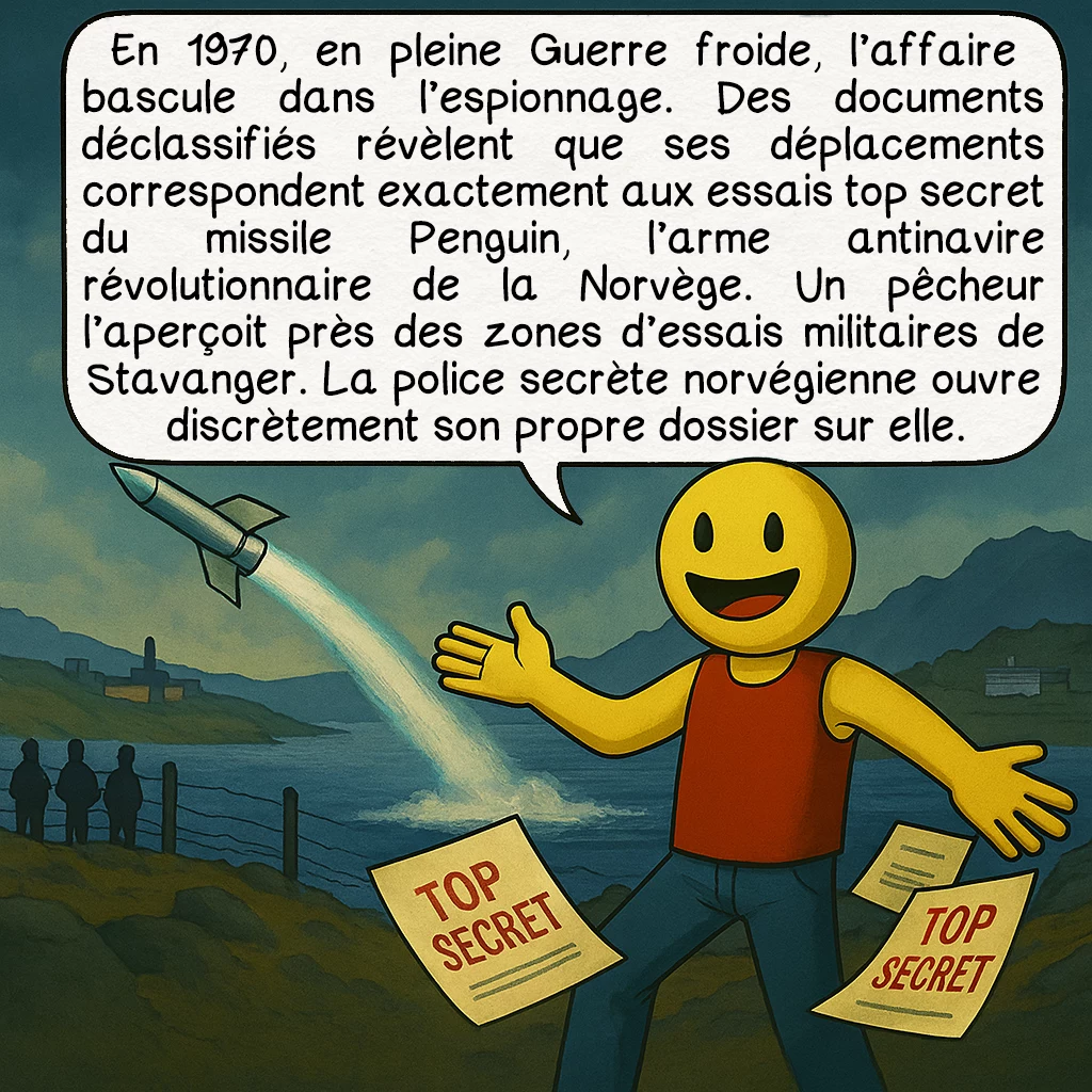 L’inconnue d'Isdal, case 6 : En 1970, en pleine Guerre froide, l’affaire bascule dans l’espionnage. Des documents déclassifiés révèlent que ses déplacements correspondent exactement aux essais top secret du missile Penguin, l’arme antinavire révolutionnaire de la Norvège. Un pêcheur l’aperçoit près des zones d’essais militaires de Stavanger. La police secrète norvégienne ouvre discrètement son propre dossier sur elle.