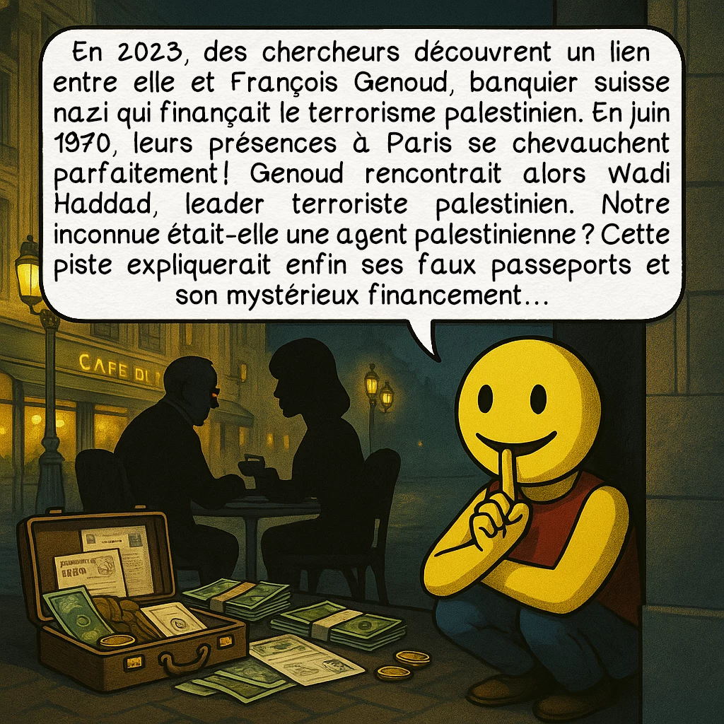 L’inconnue d'Isdal, case 7 : En 2023, des chercheurs découvrent un lien entre elle et François Genoud, banquier suisse nazi qui finançait le terrorisme palestinien. En juin 1970, leurs présences à Paris se chevauchent parfaitement ! Genoud rencontrait alors Wadi Haddad, leader terroriste palestinien. Notre inconnue était-elle une agent palestinienne ? Cette piste expliquerait enfin ses faux passeports et son mystérieux financement…