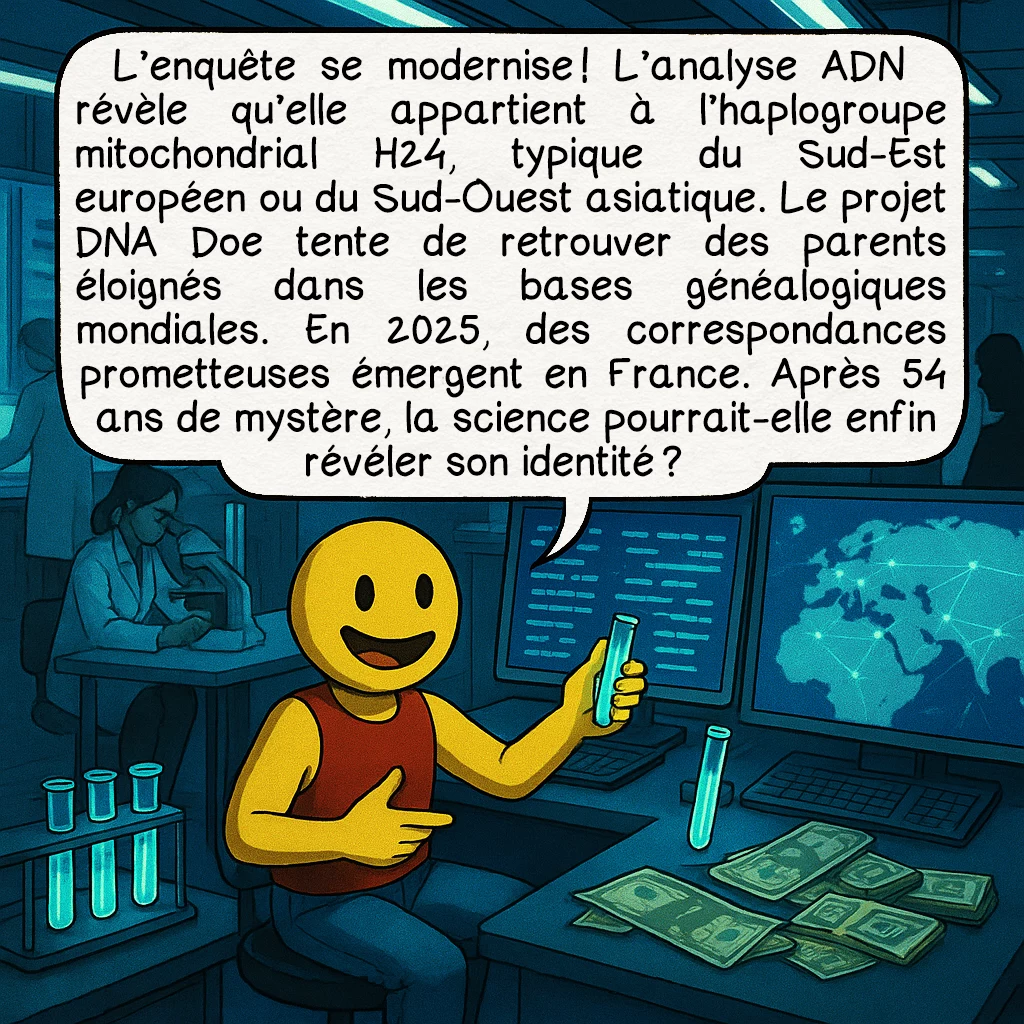 L’inconnue d'Isdal, case 8 : L’enquête se modernise ! L’analyse ADN révèle qu’elle appartient à l’haplogroupe mitochondrial H24, typique du Sud-Est européen ou du Sud-Ouest asiatique. Le projet DNA Doe tente de retrouver des parents éloignés dans les bases généalogiques mondiales. En 2025, des correspondances prometteuses émergent en France. Après 54 ans de mystère, la science pourrait-elle enfin révéler son identité ?