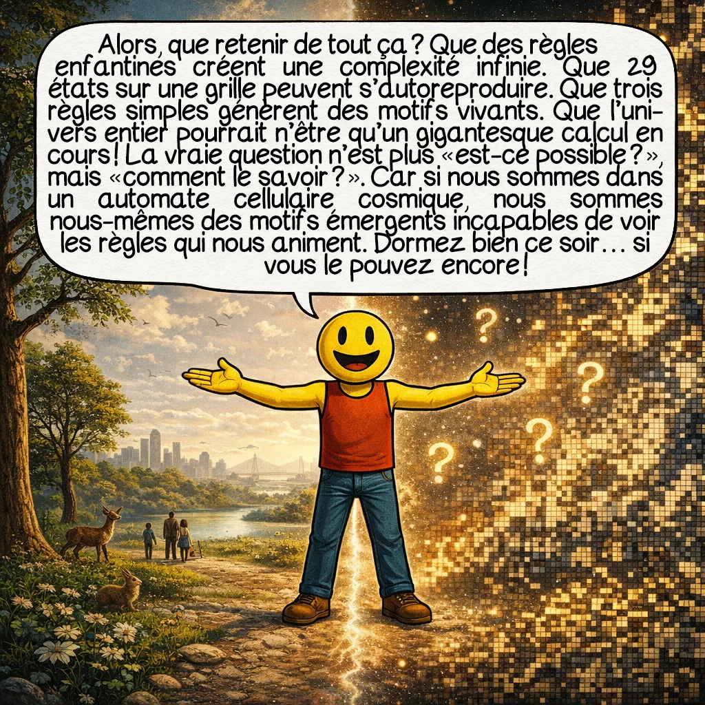 Les automates cellulaires, case 10 : Alors, que retenir de tout ça ? Que des règles enfantines créent une complexité infinie. Que 29 états sur une grille peuvent s’autoreproduire. Que trois règles simples génèrent des motifs vivants. Que l’univers entier pourrait n’être qu’un gigantesque calcul en cours ! La vraie question n’est plus « est-ce possible ? », mais « comment le savoir ? ». Car si nous sommes dans un automate cellulaire cosmique, nous sommes nous-mêmes des motifs émergents incapables de voir les règles qui nous animent. Dormez bien ce soir… si vous le pouvez encore !