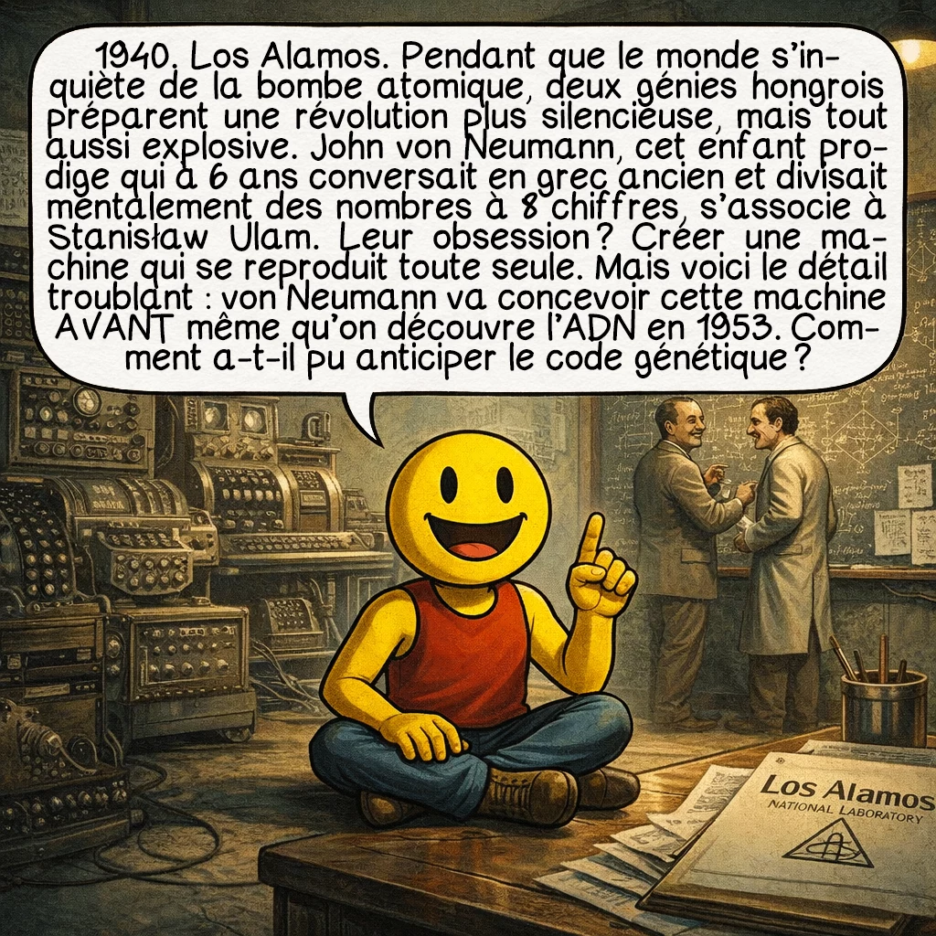 Les automates cellulaires, case 2 : 1940. Los Alamos. Pendant que le monde s’inquiète de la bombe atomique, deux génies hongrois préparent une révolution plus silencieuse, mais tout aussi explosive. John von Neumann, cet enfant prodige qui à 6 ans conversait en grec ancien et divisait mentalement des nombres à 8 chiffres, s’associe à Stanisław Ulam. Leur obsession ? Créer une machine qui se reproduit toute seule. Mais voici le détail troublant : von Neumann va concevoir cette machine AVANT même qu’on découvre l’ADN en 1953. Comment a-t-il pu anticiper le code génétique ?