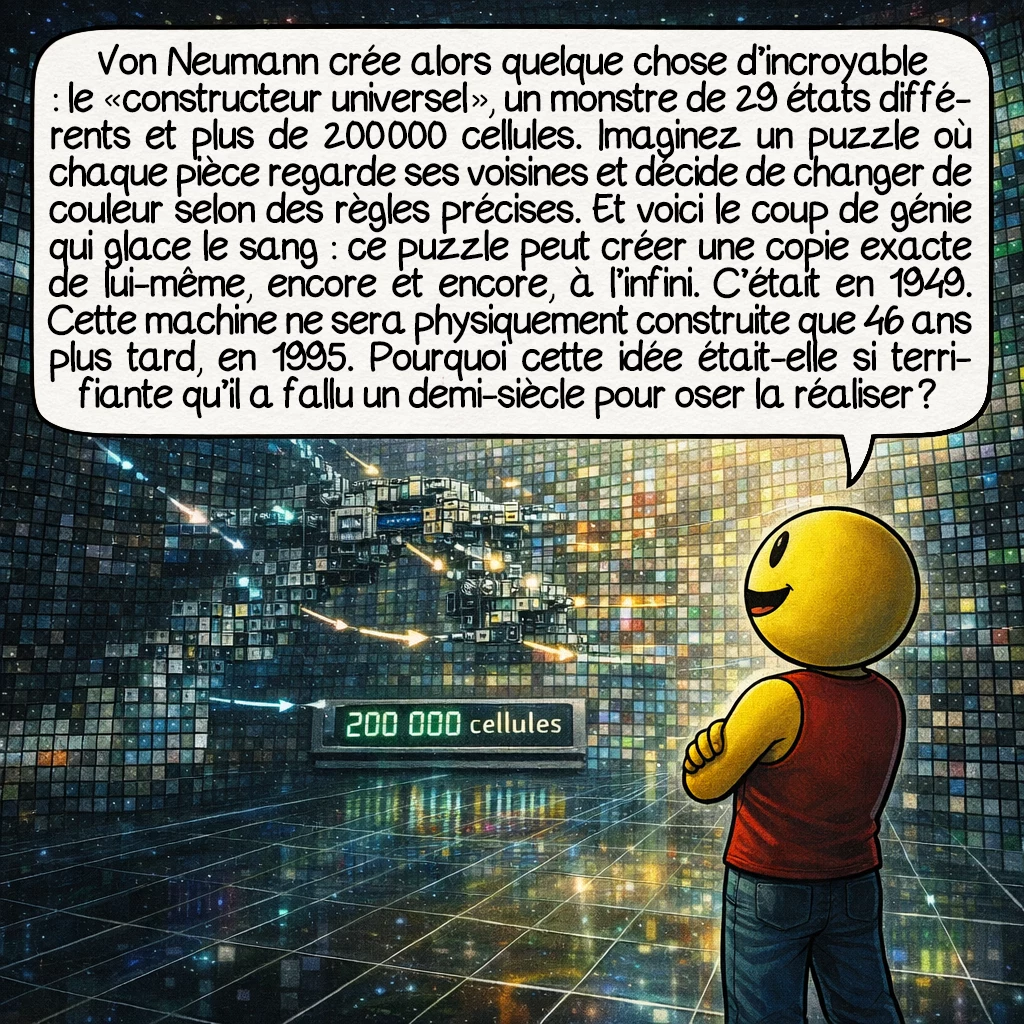 Les automates cellulaires, case 3 : Von Neumann crée alors quelque chose d’incroyable : le « constructeur universel », un monstre de 29 états différents et plus de 200 000 cellules. Imaginez un puzzle où chaque pièce regarde ses voisines et décide de changer de couleur selon des règles précises. Et voici le coup de génie qui glace le sang : ce puzzle peut créer une copie exacte de lui-même, encore et encore, à l’infini. C’était en 1949. Cette machine ne sera physiquement construite que 46 ans plus tard, en 1995. Pourquoi cette idée était-elle si terrifiante qu’il a fallu un demi-siècle pour oser la réaliser ?