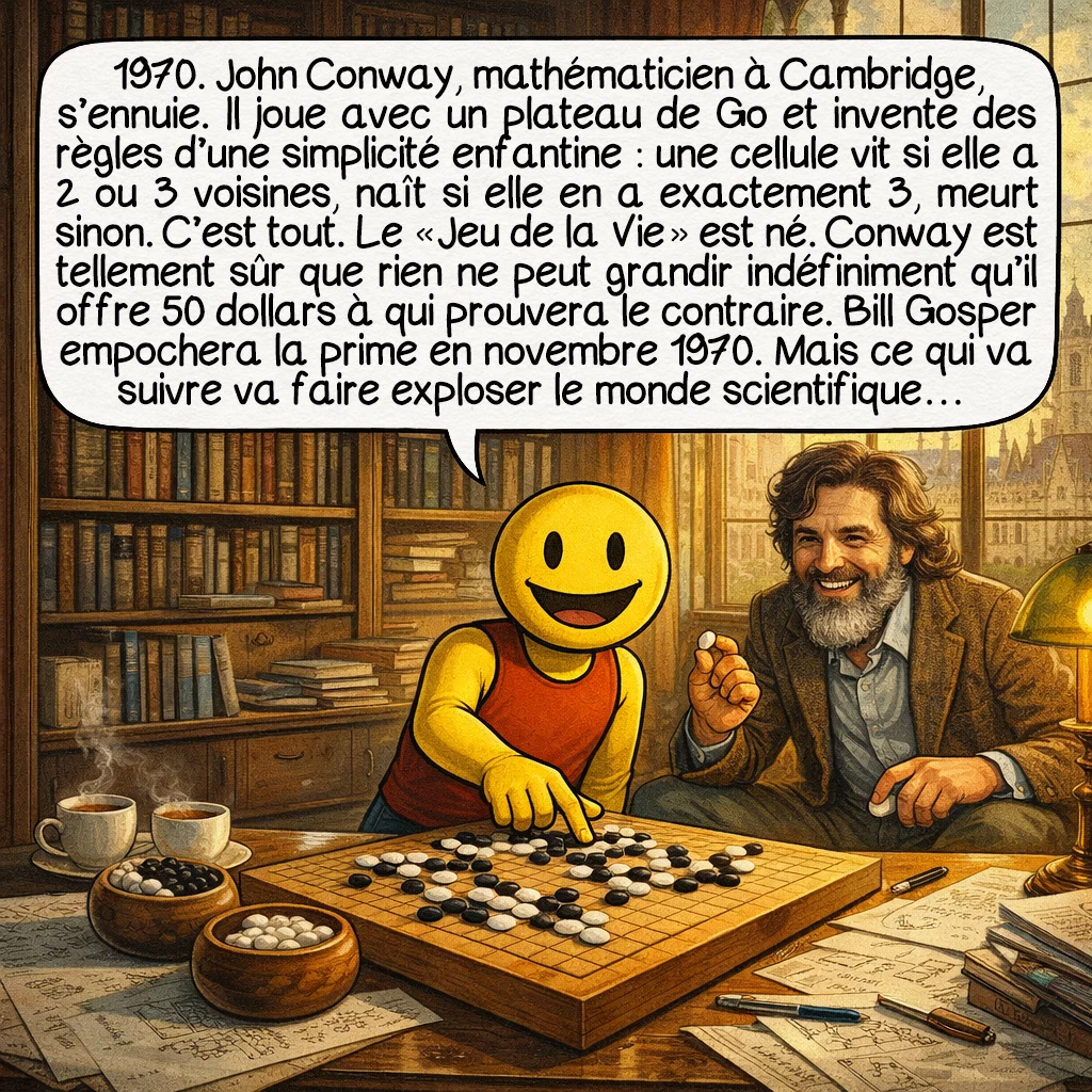 Les automates cellulaires, case 4 : 1970. John Conway, mathématicien à Cambridge, s’ennuie. Il joue avec un plateau de Go et invente des règles d’une simplicité enfantine : une cellule vit si elle a 2 ou 3 voisines, naît si elle en a exactement 3, meurt sinon. C’est tout. Le « Jeu de la Vie » est né. Conway est tellement sûr que rien ne peut grandir indéfiniment qu’il offre 50 dollars à qui prouvera le contraire. Bill Gosper empochera la prime en novembre 1970. Mais ce qui va suivre va faire exploser le monde scientifique…