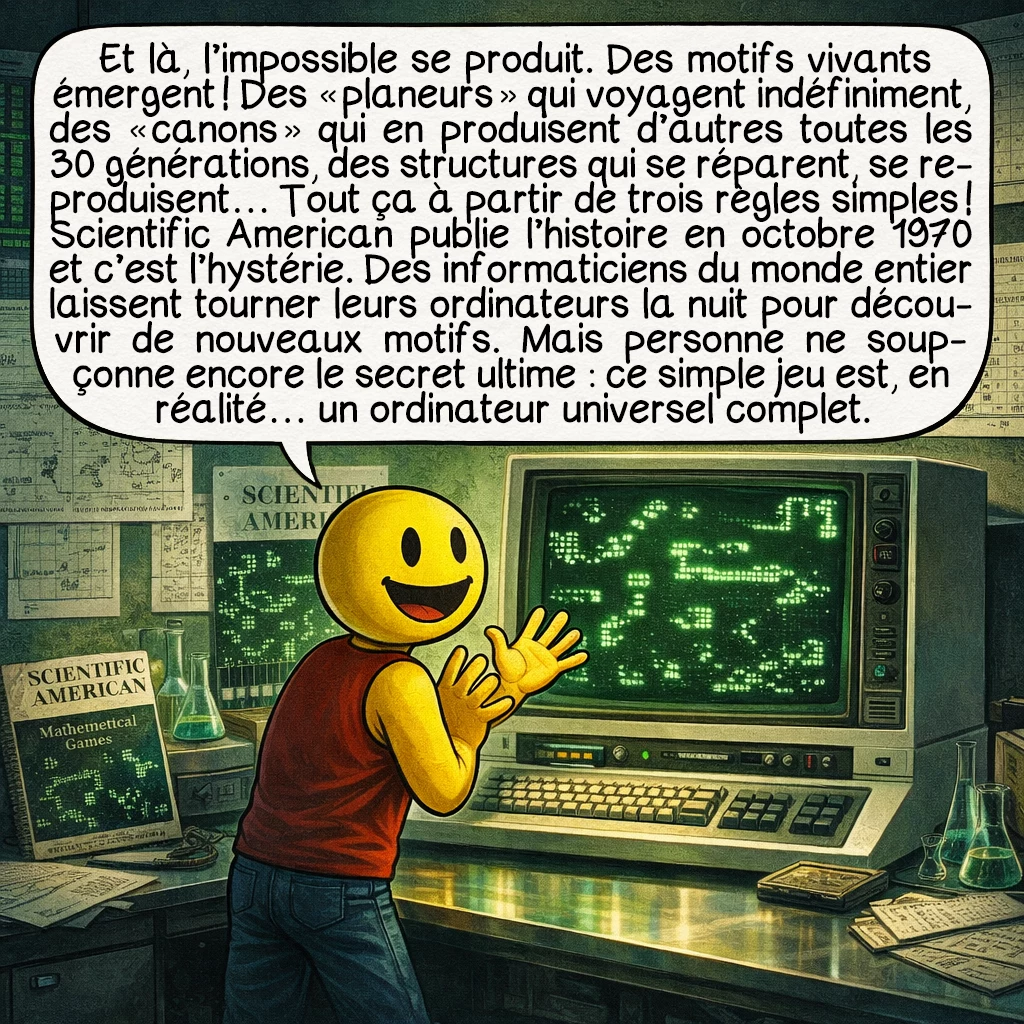 Les automates cellulaires, case 5 : Et là, l’impossible se produit. Des motifs vivants émergent ! Des « planeurs » qui voyagent indéfiniment, des « canons » qui en produisent d’autres toutes les 30 générations, des structures qui se réparent, se reproduisent… Tout ça à partir de trois règles simples ! Scientific American publie l’histoire en octobre 1970 et c’est l’hystérie. Des informaticiens du monde entier laissent tourner leurs ordinateurs la nuit pour découvrir de nouveaux motifs. Mais personne ne soupçonne encore le secret ultime : ce simple jeu est, en réalité… un ordinateur universel complet.