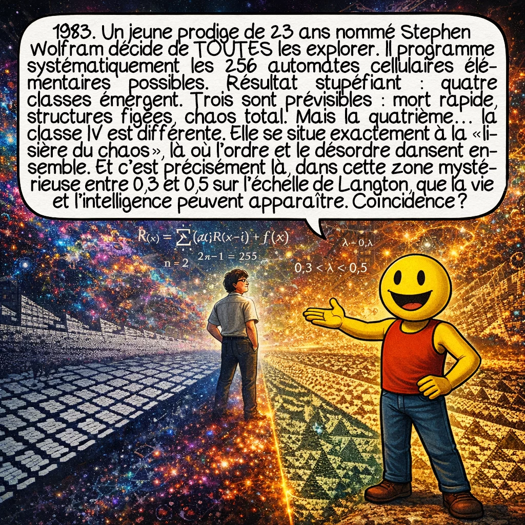 Les automates cellulaires, case 6 : 1983. Un jeune prodige de 23 ans nommé Stephen Wolfram décide de TOUTES les explorer. Il programme systématiquement les 256 automates cellulaires élémentaires possibles. Résultat stupéfiant : quatre classes émergent. Trois sont prévisibles : mort rapide, structures figées, chaos total. Mais la quatrième… la classe IV est différente. Elle se situe exactement à la « lisière du chaos », là où l’ordre et le désordre dansent ensemble. Et c’est précisément là, dans cette zone mystérieuse entre 0,3 et 0,5 sur l’échelle de Langton, que la vie et l’intelligence peuvent apparaître. Coïncidence ?