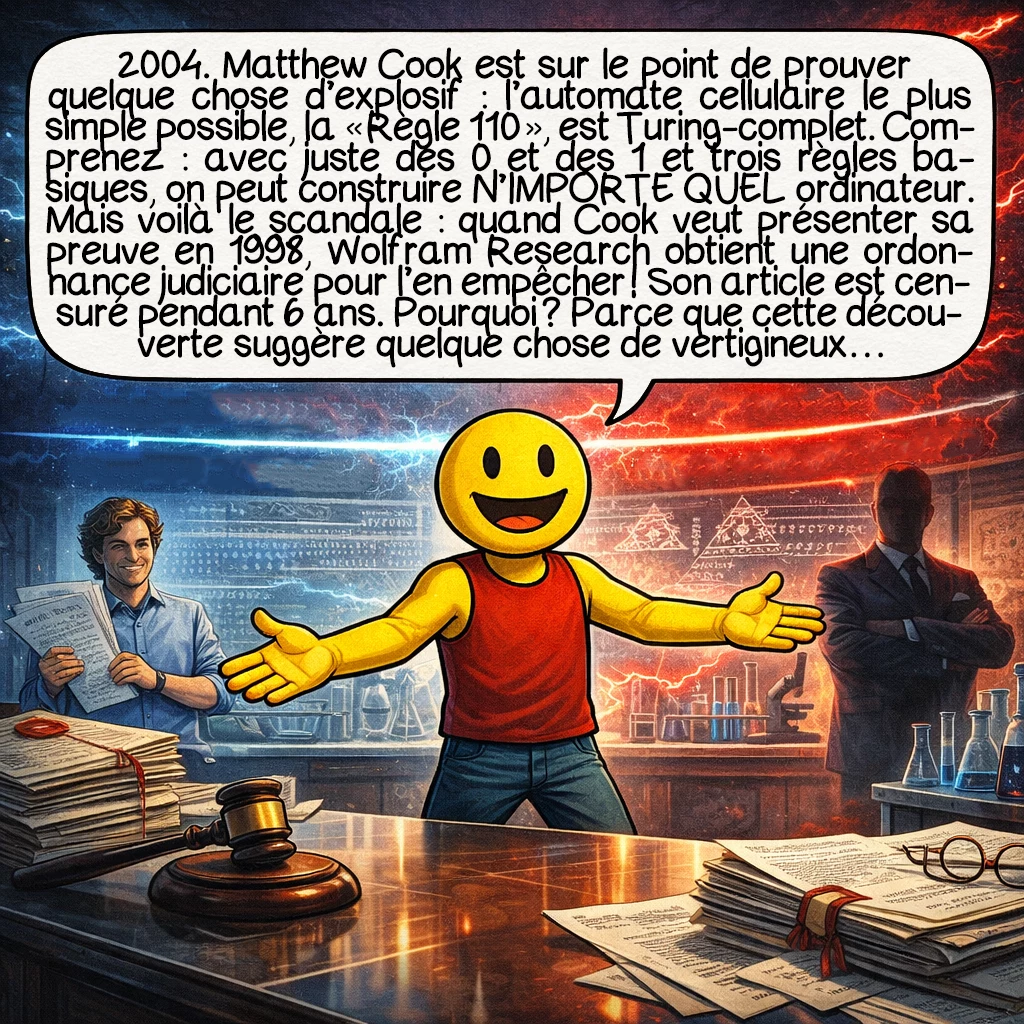 Les automates cellulaires, case 7 : 2004. Matthew Cook est sur le point de prouver quelque chose d’explosif : l’automate cellulaire le plus simple possible, la « Règle 110 », est Turing-complet. Comprenez : avec juste des 0 et des 1 et trois règles basiques, on peut construire N’IMPORTE QUEL ordinateur. Mais voilà le scandale : quand Cook veut présenter sa preuve en 1998, Wolfram Research obtient une ordonnance judiciaire pour l’en empêcher ! Son article est censuré pendant 6 ans. Pourquoi ? Parce que cette découverte suggère quelque chose de vertigineux…