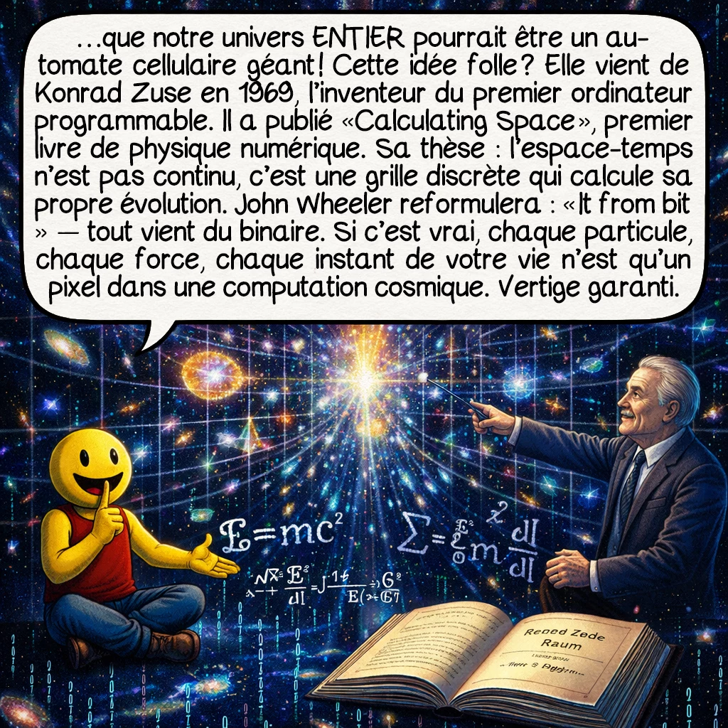 Les automates cellulaires, case 8 : …que notre univers ENTIER pourrait être un automate cellulaire géant ! Cette idée folle ? Elle vient de Konrad Zuse en 1969, l’inventeur du premier ordinateur programmable. Il a publié « Calculating Space », premier livre de physique numérique. Sa thèse : l’espace-temps n’est pas continu, c’est une grille discrète qui calcule sa propre évolution. John Wheeler reformulera : « It from bit » — tout vient du binaire. Si c’est vrai, chaque particule, chaque force, chaque instant de votre vie n’est qu’un pixel dans une computation cosmique. Vertige garanti.