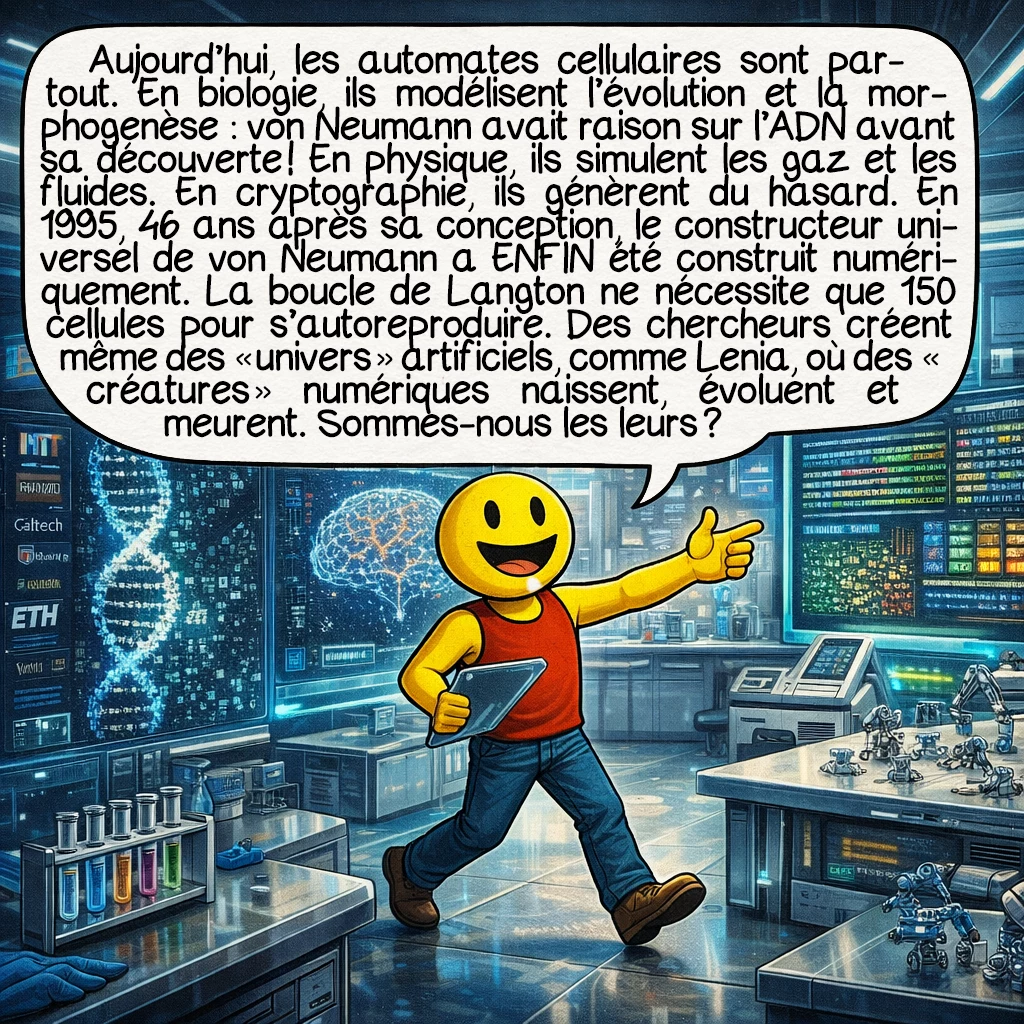 Les automates cellulaires, case 9 : Aujourd’hui, les automates cellulaires sont partout. En biologie, ils modélisent l’évolution et la morphogenèse : von Neumann avait raison sur l’ADN avant sa découverte ! En physique, ils simulent les gaz et les fluides. En cryptographie, ils génèrent du hasard. En 1995, 46 ans après sa conception, le constructeur universel de von Neumann a ENFIN été construit numériquement. La boucle de Langton ne nécessite que 150 cellules pour s’autoreproduire. Des chercheurs créent même des « univers » artificiels, comme Lenia, où des « créatures » numériques naissent, évoluent et meurent. Sommes-nous les leurs ?