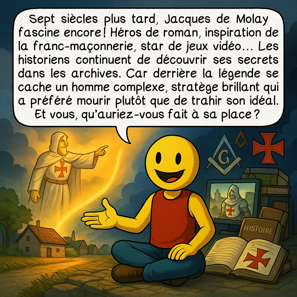Jacques de Molay, case 10 : Sept siècles plus tard, Jacques de Molay fascine encore ! Héros de roman, inspiration de la franc-maçonnerie, star de jeux vidéo… Les historiens continuent de découvrir ses secrets dans les archives. Car derrière la légende se cache un homme complexe, stratège brillant qui a préféré mourir plutôt que de trahir son idéal. Et vous, qu’auriez-vous fait à sa place ?