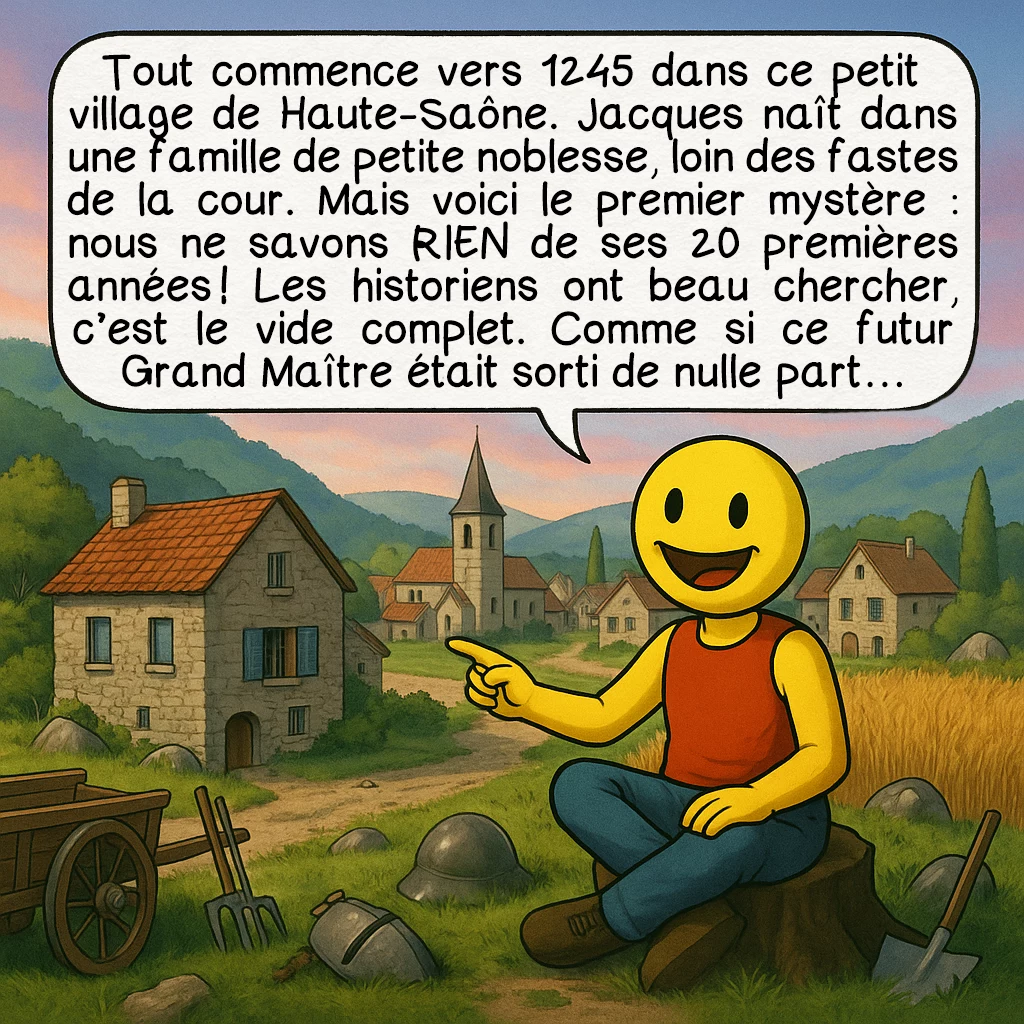 Jacques de Molay, case 2 : Tout commence vers 1245 dans ce petit village de Haute-Saône. Jacques naît dans une famille de petite noblesse, loin des fastes de la cour. Mais voici le premier mystère : nous ne savons RIEN de ses 20 premières années ! Les historiens ont beau chercher, c’est le vide complet. Comme si ce futur Grand Maître était sorti de nulle part…
