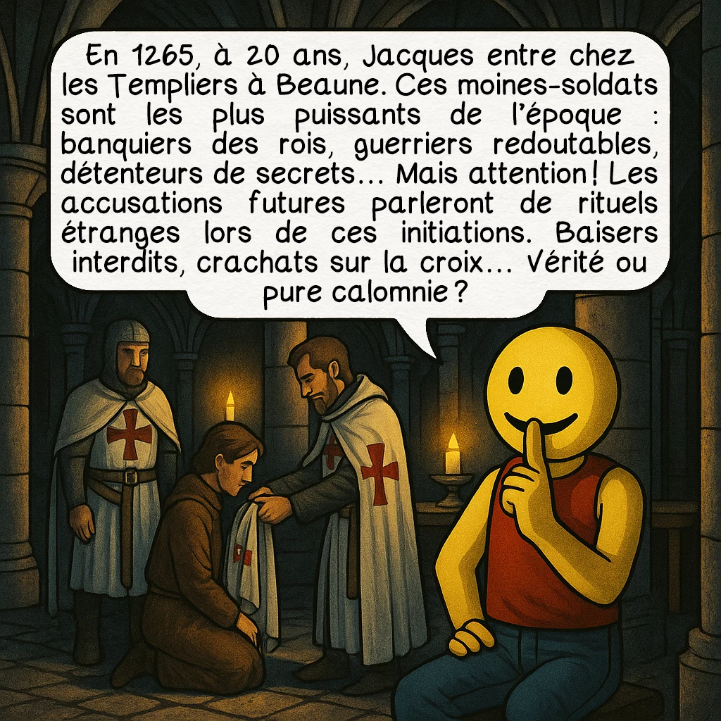 Jacques de Molay, case 3 : En 1265, à 20 ans, Jacques entre chez les Templiers à Beaune. Ces moines-soldats sont les plus puissants de l’époque : banquiers des rois, guerriers redoutables, détenteurs de secrets… Mais attention ! Les accusations futures parleront de rituels étranges lors de ces initiations. Baisers interdits, crachats sur la croix… Vérité ou pure calomnie ?