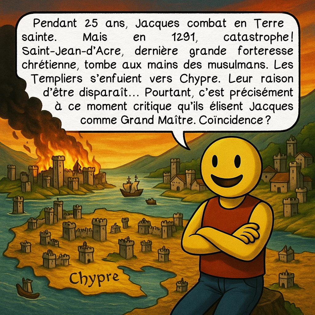 Jacques de Molay, case 4 : Pendant 25 ans, Jacques combat en Terre sainte. Mais en 1291, catastrophe ! Saint-Jean-d’Acre, dernière grande forteresse chrétienne, tombe aux mains des musulmans. Les Templiers s’enfuient vers Chypre. Leur raison d’être disparaît… Pourtant, c’est précisément à ce moment critique qu’ils élisent Jacques comme Grand Maître. Coïncidence ?