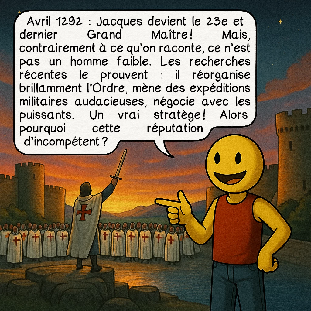 Jacques de Molay, case 5 : Avril 1292 : Jacques devient le 23e et dernier Grand Maître ! Mais, contrairement à ce qu’on raconte, ce n’est pas un homme faible. Les recherches récentes le prouvent : il réorganise brillamment l’Ordre, mène des expéditions militaires audacieuses, négocie avec les puissants. Un vrai stratège ! Alors pourquoi cette réputation d’incompétent ?