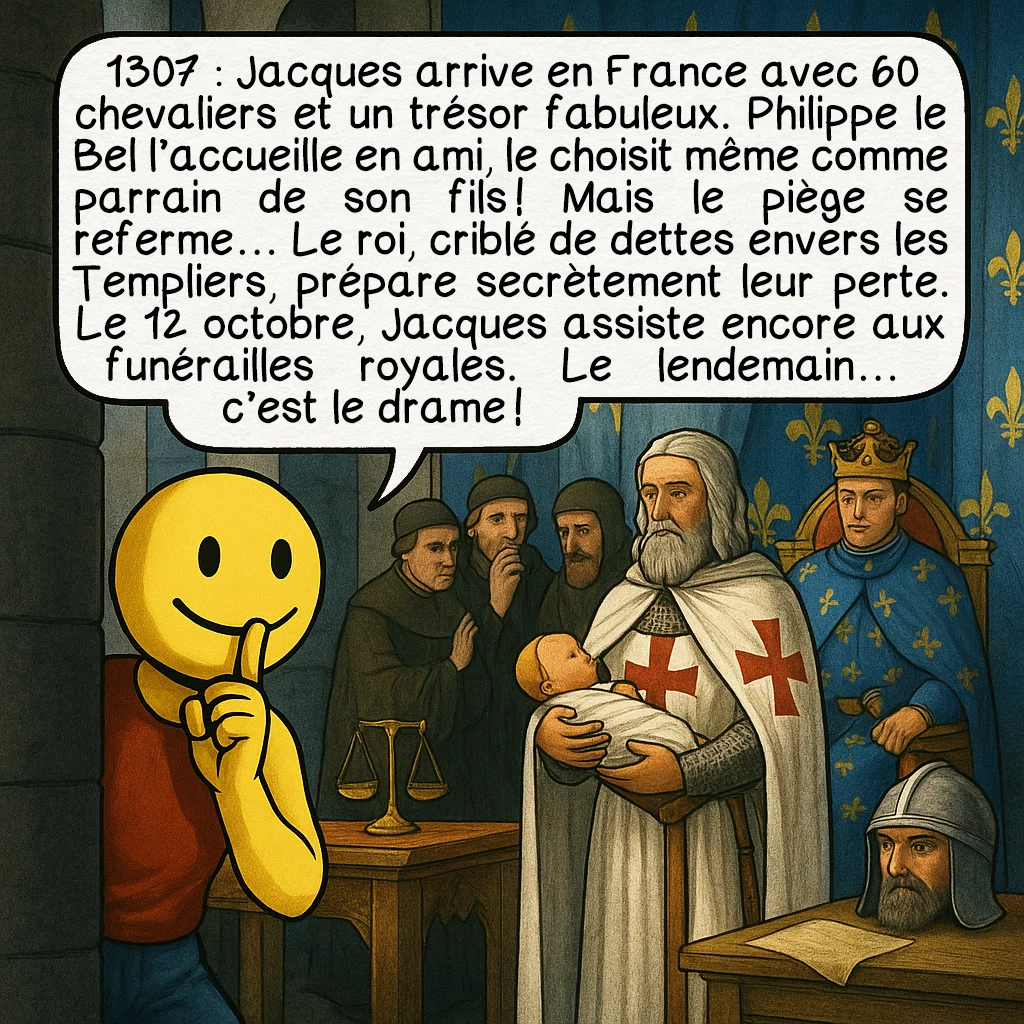 Jacques de Molay, case 6 : 1307 : Jacques arrive en France avec 60 chevaliers et un trésor fabuleux. Philippe le Bel l’accueille en ami, le choisit même comme parrain de son fils ! Mais le piège se referme… Le roi, criblé de dettes envers les Templiers, prépare secrètement leur perte. Le 12 octobre, Jacques assiste encore aux funérailles royales. Le lendemain… c’est le drame !