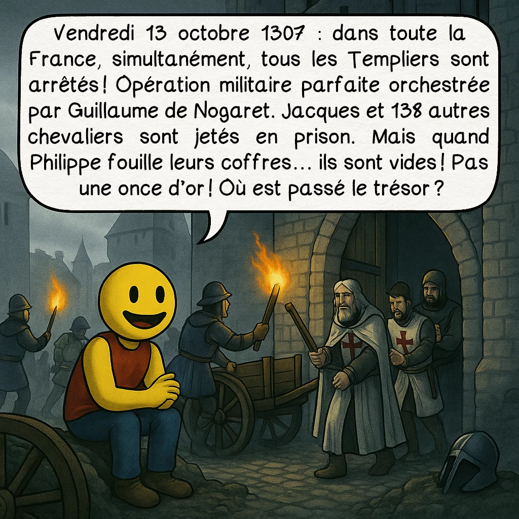 Jacques de Molay, case 7 : Vendredi 13 octobre 1307 : dans toute la France, simultanément, tous les Templiers sont arrêtés ! Opération militaire parfaite orchestrée par Guillaume de Nogaret. Jacques et 138 autres chevaliers sont jetés en prison. Mais quand Philippe fouille leurs coffres… ils sont vides ! Pas une once d’or ! Où est passé le trésor ?