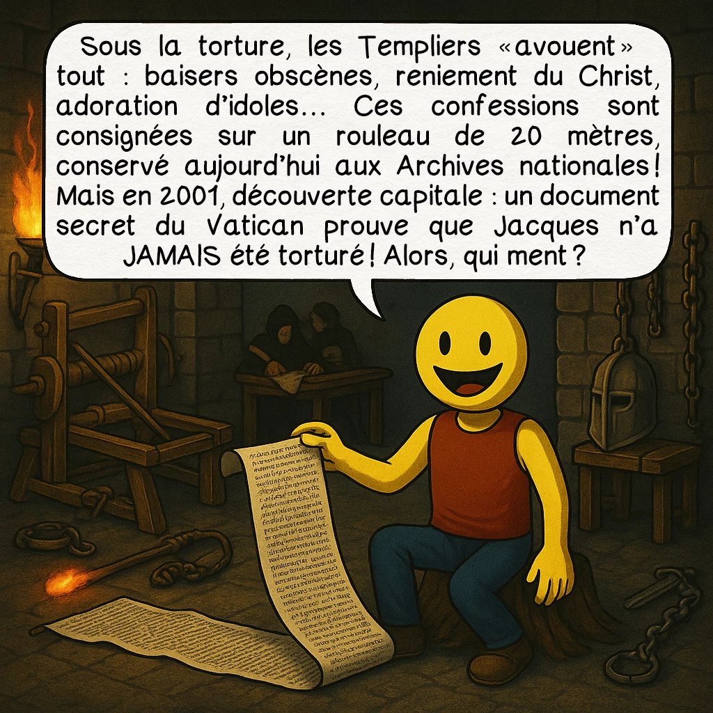Jacques de Molay, case 8 : Sous la torture, les Templiers « avouent » tout : baisers obscènes, reniement du Christ, adoration d’idoles… Ces confessions sont consignées sur un rouleau de 20 mètres, conservé aujourd’hui aux Archives nationales ! Mais en 2001, découverte capitale : un document secret du Vatican prouve que Jacques n’a JAMAIS été torturé ! Alors, qui ment ?