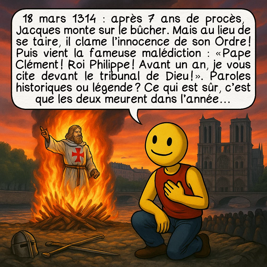 Jacques de Molay, case 9 : 18 mars 1314 : après 7 ans de procès, Jacques monte sur le bûcher. Mais au lieu de se taire, il clame l’innocence de son Ordre ! Puis vient la fameuse malédiction : « Pape Clément ! Roi Philippe ! Avant un an, je vous cite devant le tribunal de Dieu ! ». Paroles historiques ou légende ? Ce qui est sûr, c’est que les deux meurent dans l’année…