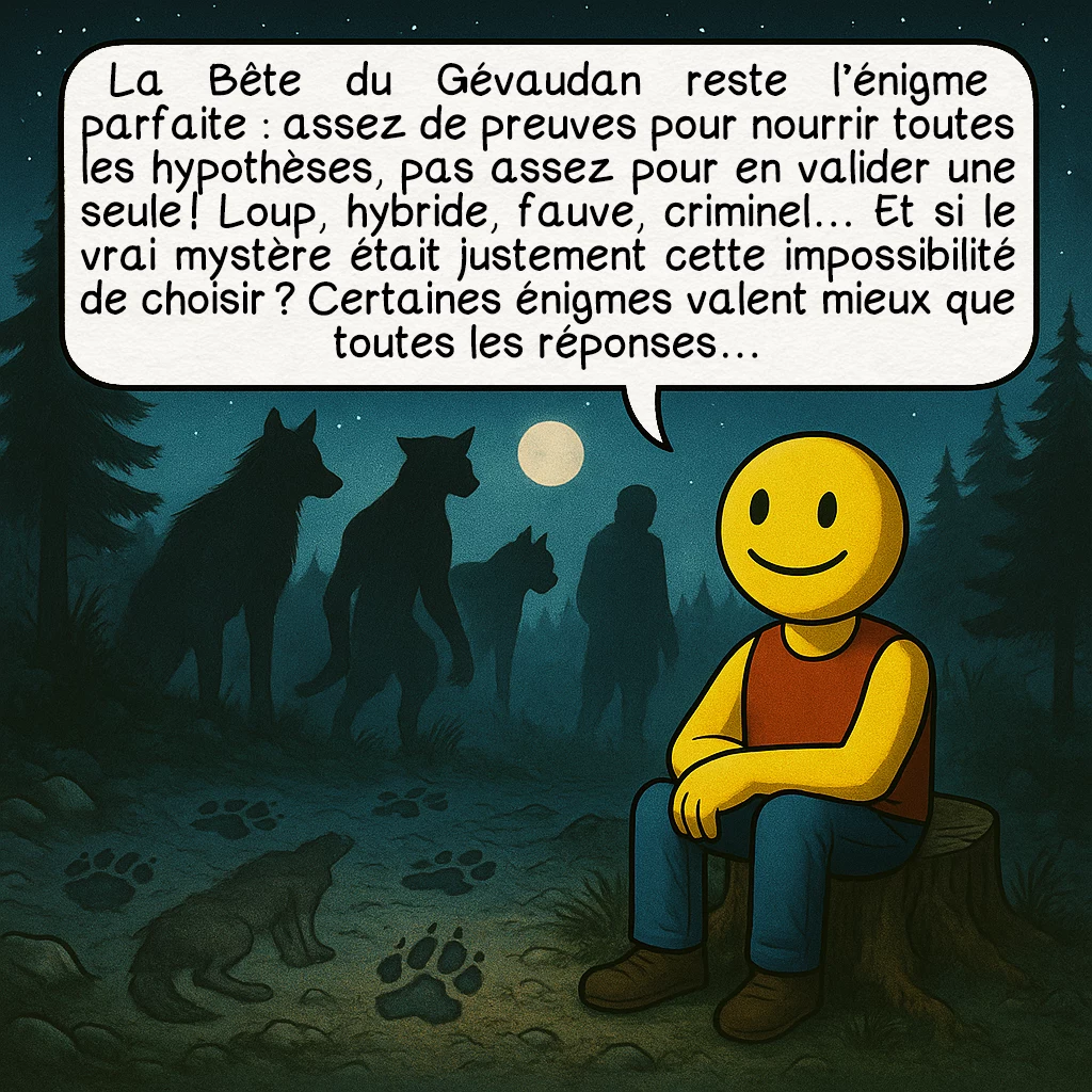 La bête du Gévaudan, case 10 : La Bête du Gévaudan reste l’énigme parfaite : assez de preuves pour nourrir toutes les hypothèses, pas assez pour en valider une seule ! Loup, hybride, fauve, criminel… Et si le vrai mystère était justement cette impossibilité de choisir ? Certaines énigmes valent mieux que toutes les réponses…