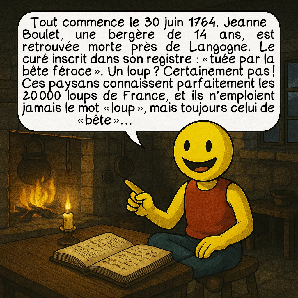 La bête du Gévaudan, case 2 : Tout commence le 30 juin 1764. Jeanne Boulet, une bergère de 14 ans, est retrouvée morte près de Langogne. Le curé inscrit dans son registre : « tuée par la bête féroce ». Un loup ? Certainement pas ! Ces paysans connaissent parfaitement les 20 000 loups de France, et ils n’emploient jamais le mot « loup », mais toujours celui de « bête »…