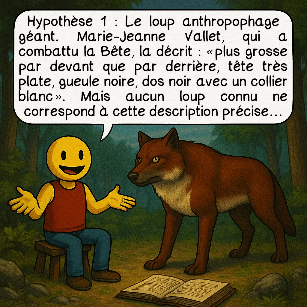 La bête du Gévaudan, case 3 : Hypothèse 1 : Le loup anthropophage géant. Marie-Jeanne Vallet, qui a combattu la Bête, la décrit : « plus grosse par devant que par derrière, tête très plate, gueule noire, dos noir avec un collier blanc ». Mais aucun loup connu ne correspond à cette description précise…