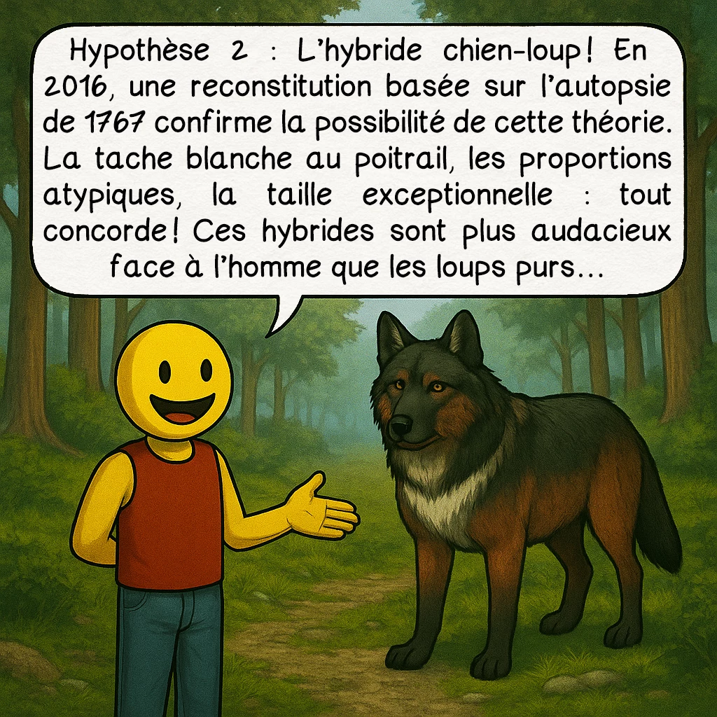 La bête du Gévaudan, case 4 : Hypothèse 2 : L’hybride chien-loup ! En 2016, une reconstitution basée sur l’autopsie de 1767 confirme la possibilité de cette théorie. La tache blanche au poitrail, les proportions atypiques, la taille exceptionnelle : tout concorde ! Ces hybrides sont plus audacieux face à l’homme que les loups purs…